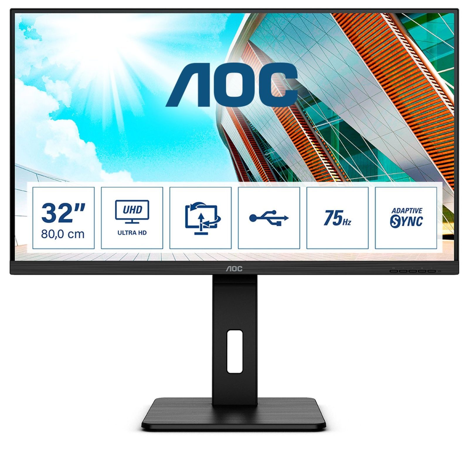 AOC AOC U32P2 80cm 31,5Zoll VA WLED UHD 3840x2160 16:9 3000:1 350cd/m2 TFT-Monitor (3840 x 2160 px, 4K Ultra HD, 4 ms Reaktionszeit, 60 Hz, VA, Eingebautes Mikrofon, Lautsprecher, Kopfhörerbuchse, Höhenverstellbar)