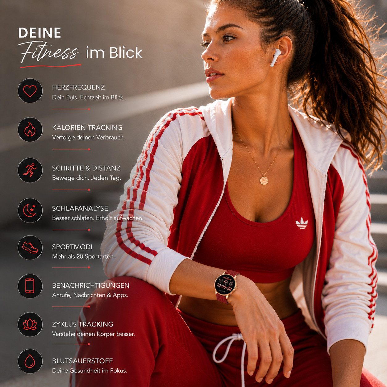 XCOAST SIONA 2 - ultraflache Damen Smartwatch (4,2 cm/1,3 Zoll, iOSAndroid) Kaminrot, Fitness Tracker, AMOLED, 1-tlg., 7 Tage Akku, Blutdruck, Wasserdicht, Puls – Bild 5 von 5