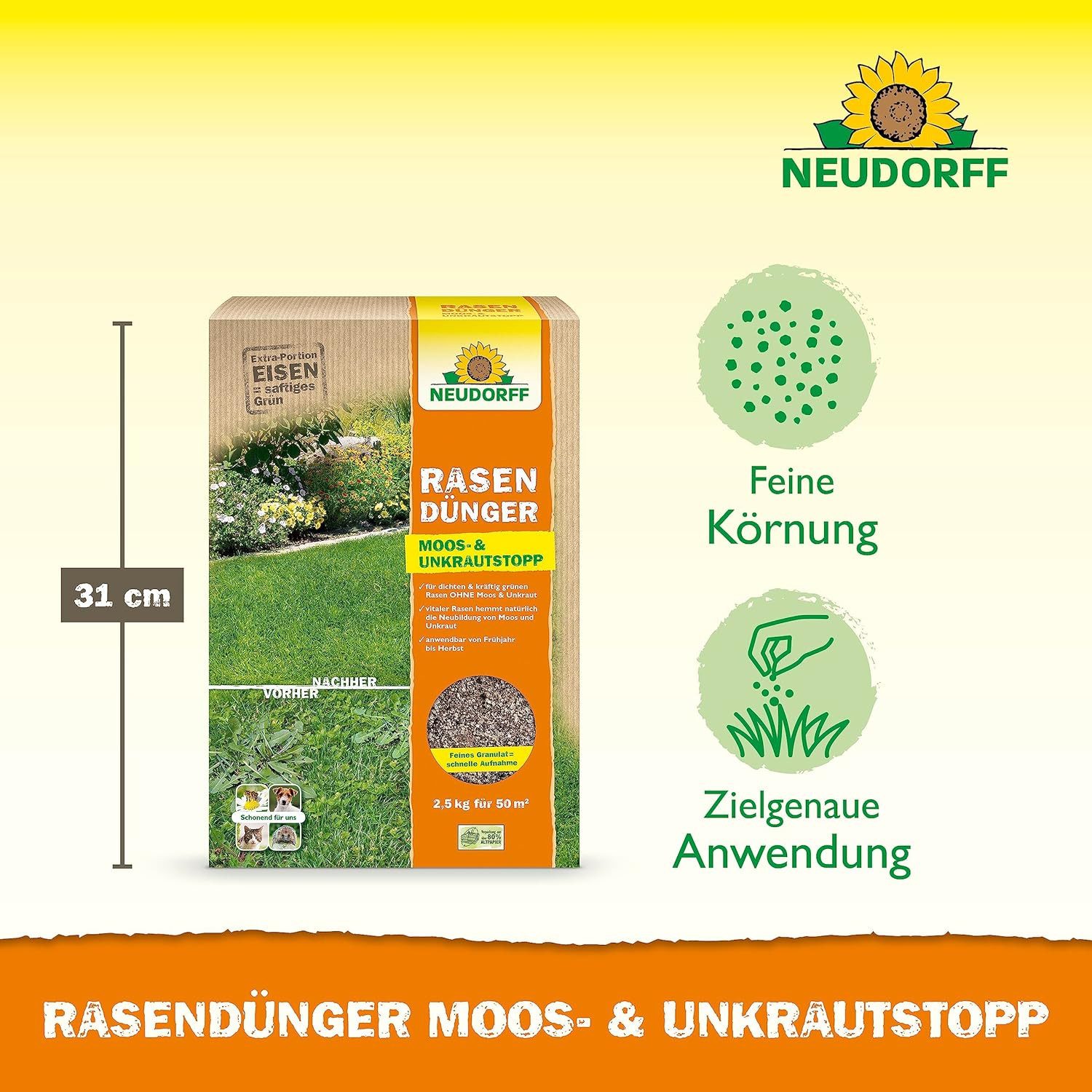 Neudorff Rasendünger RasenDünger Moos- & UnkrautStopp 2,5 kg, Granulat gleichmäßig auf feuchtem Rasen verteilen. Erste Bewässerung frühestens 24 Stunden nach der Ausbringung durchführen., Eisen und Kalium sorgt für dichten, grünen Rasen ohne Moos und Unkraut, auch für Rasenflächen geeignet, die mit Mährobotern gepflegt werden