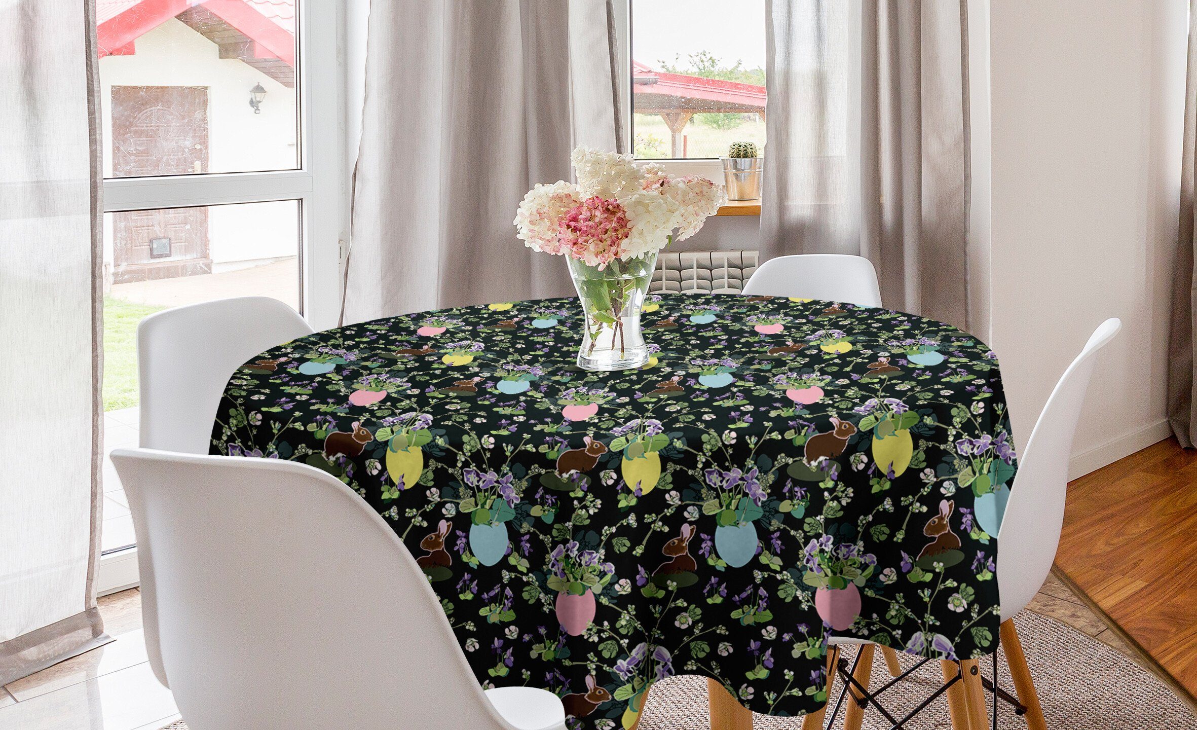 Abakuhaus Tischdecke Kreis Tischdecke Abdeckung für Esszimmer Küche Dekoration, Ostern Iris-Blüten-Kaninchen-Häschen