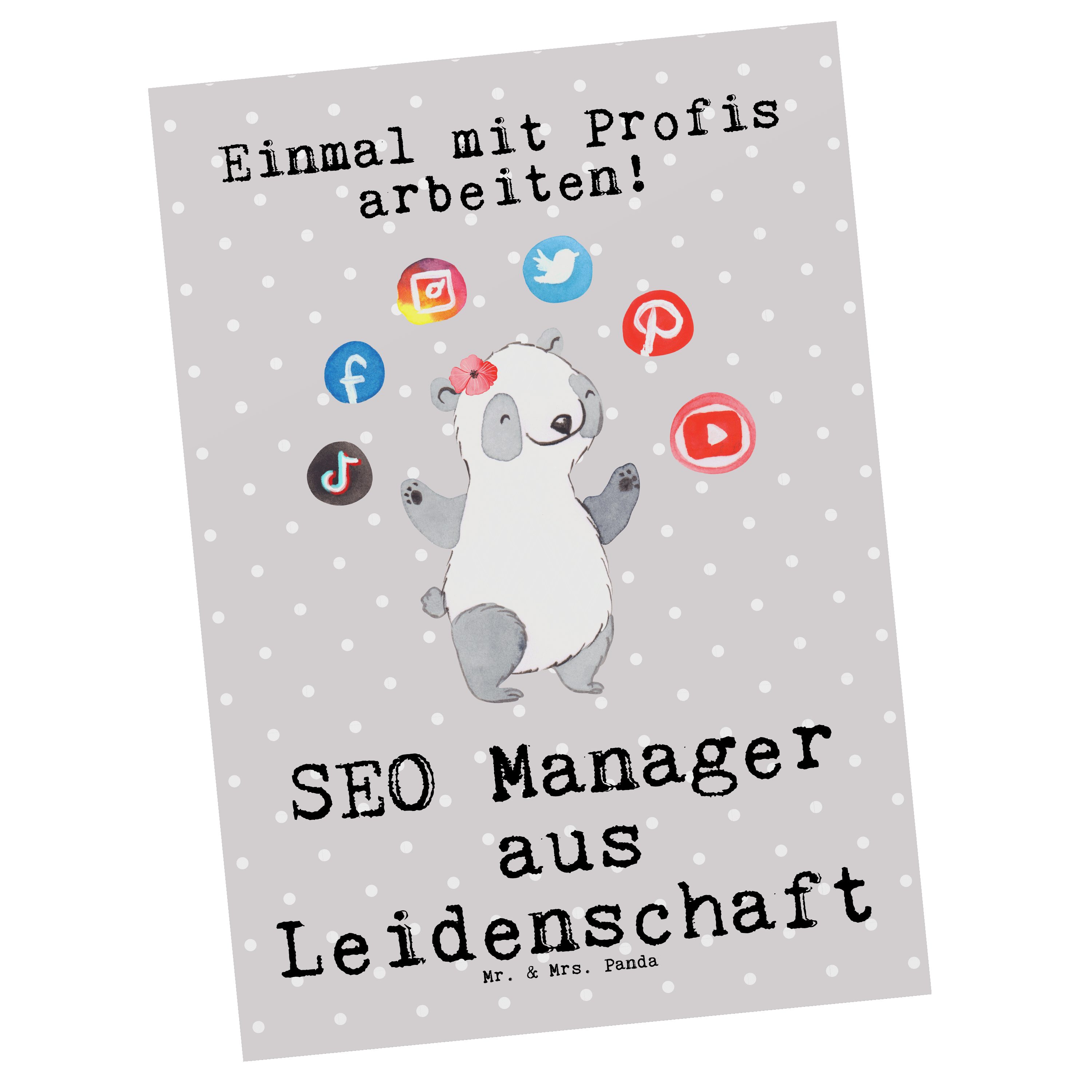 Mr. & Mrs. Panda Postkarte SEO Manager aus Leidenschaft - Grau Pastell - Geschenk, Suchmaschinen