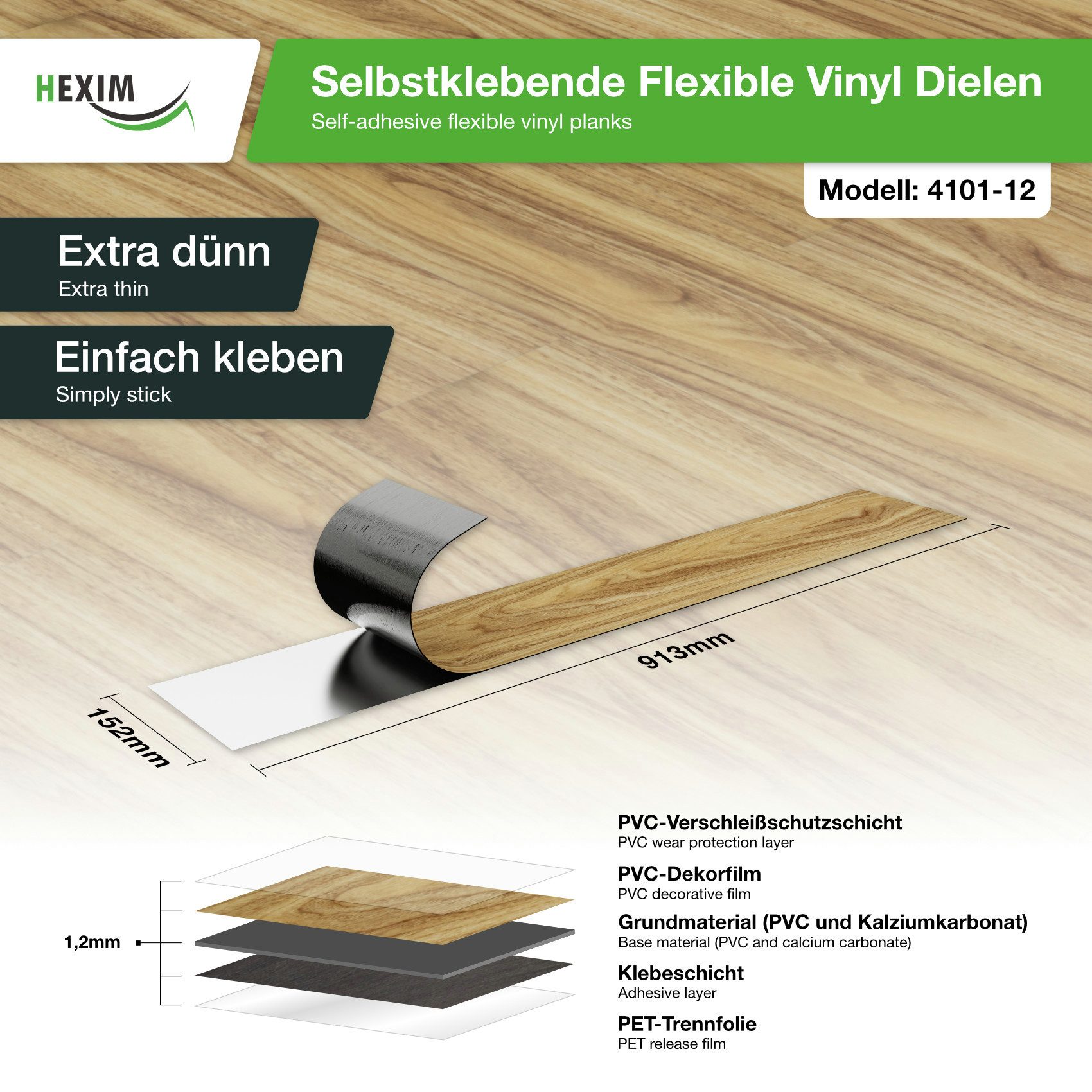 Hexim Vinylboden, Vinyldielen 0,97m² selbstklebend PVC Wandverkleidung Bodenbelag Holzoptik 91x15cm Paneele für Wand & Boden Holzdielen braun (7 Dielen Rustical Maple - 4101-12)