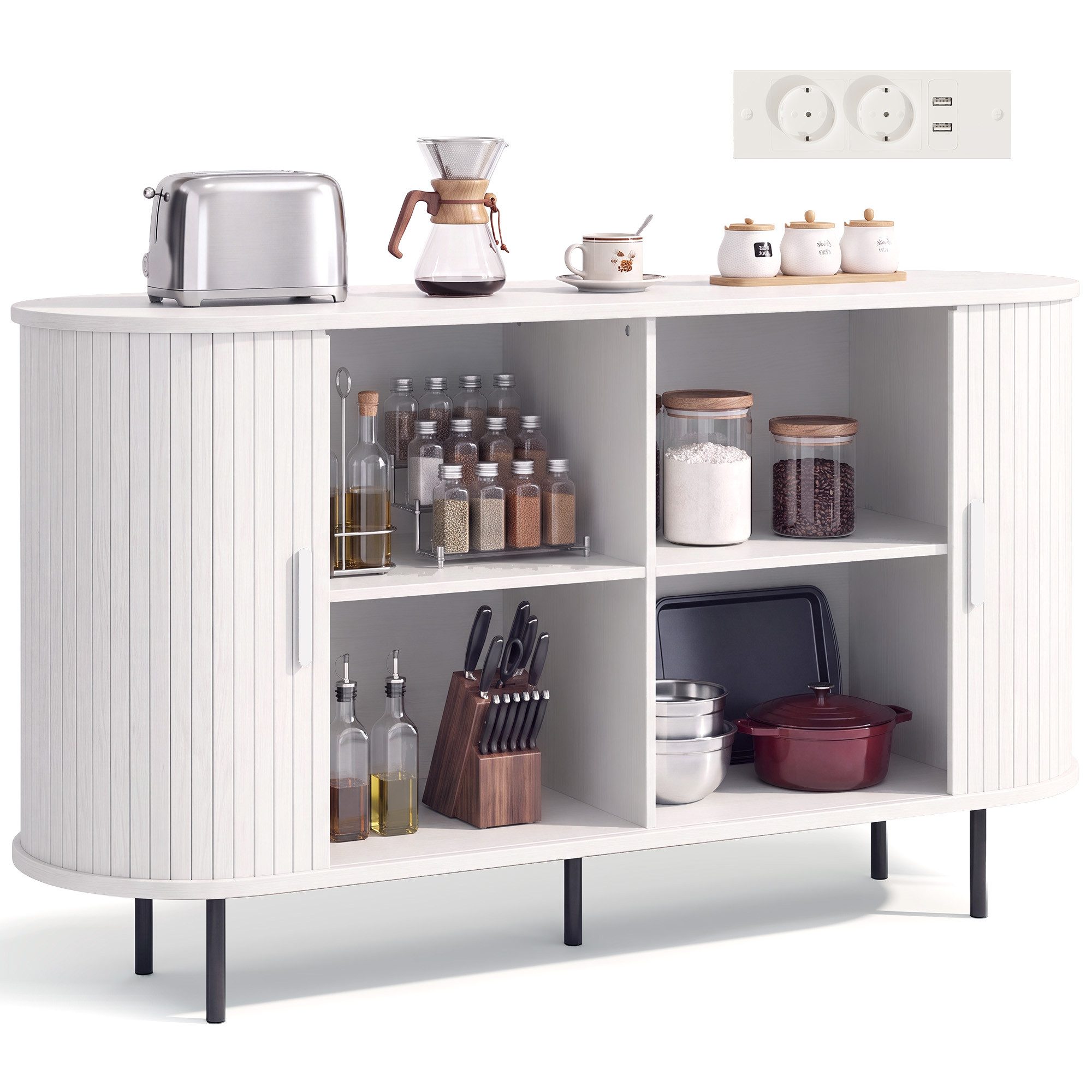 Bealife Sideboard in Holzoptik mit Rolltüren & Metallbeinen, 140x40x75cm