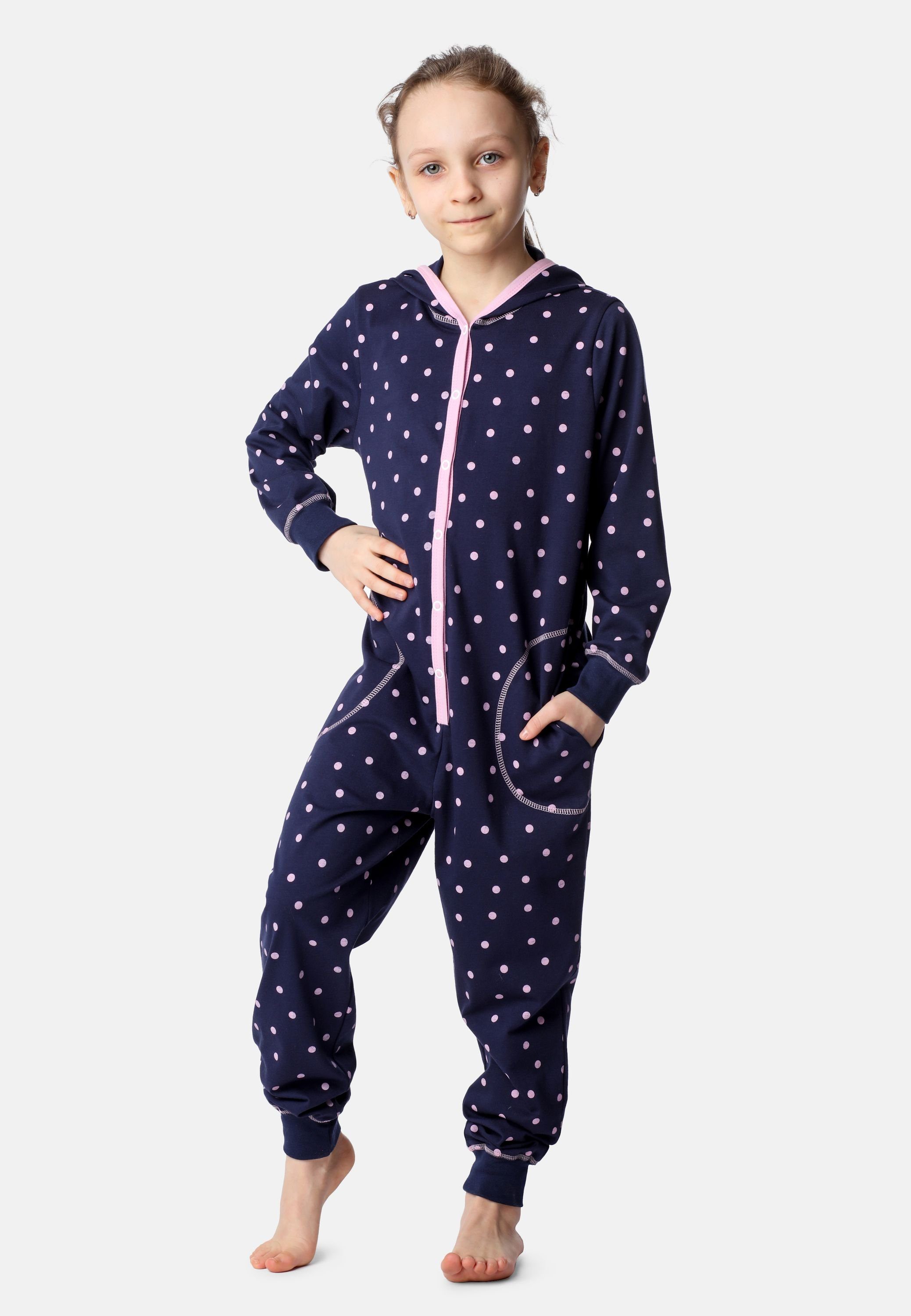 Mädchen Kapuze Merry Punkte Marineblau Schlafanzug Schlafoverall Rosa MS10-223 mit Style
