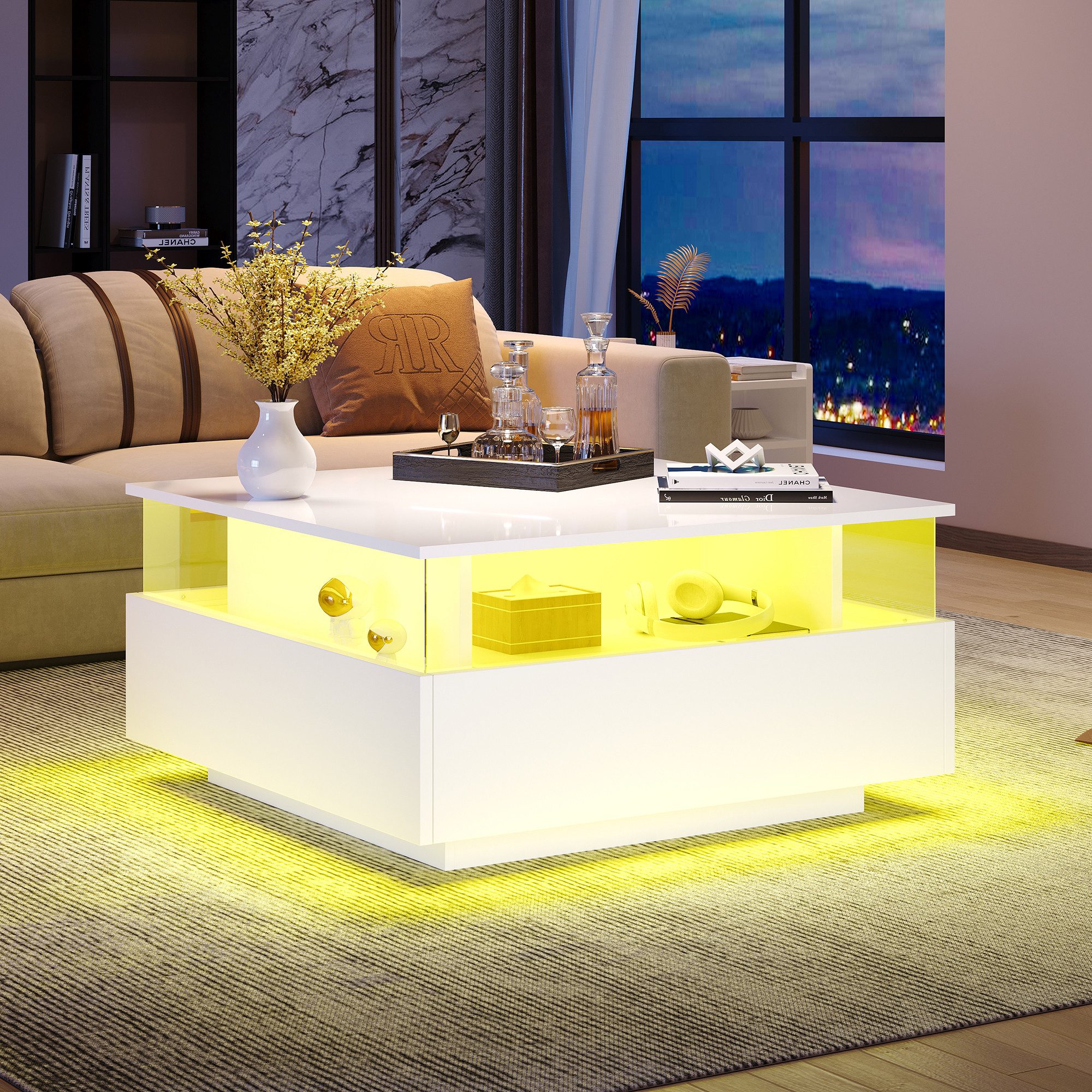 OKWISH Couchtisch hochglanz Sofatisch mit LED-Beleuchtung (Beistelltisch, Wohnzimmertisch mit großen Stauraum und Schublade, 1-St., 2 Schubladen), Kaffeetisch mit Schubladen und transparentem Präsentationsbereich