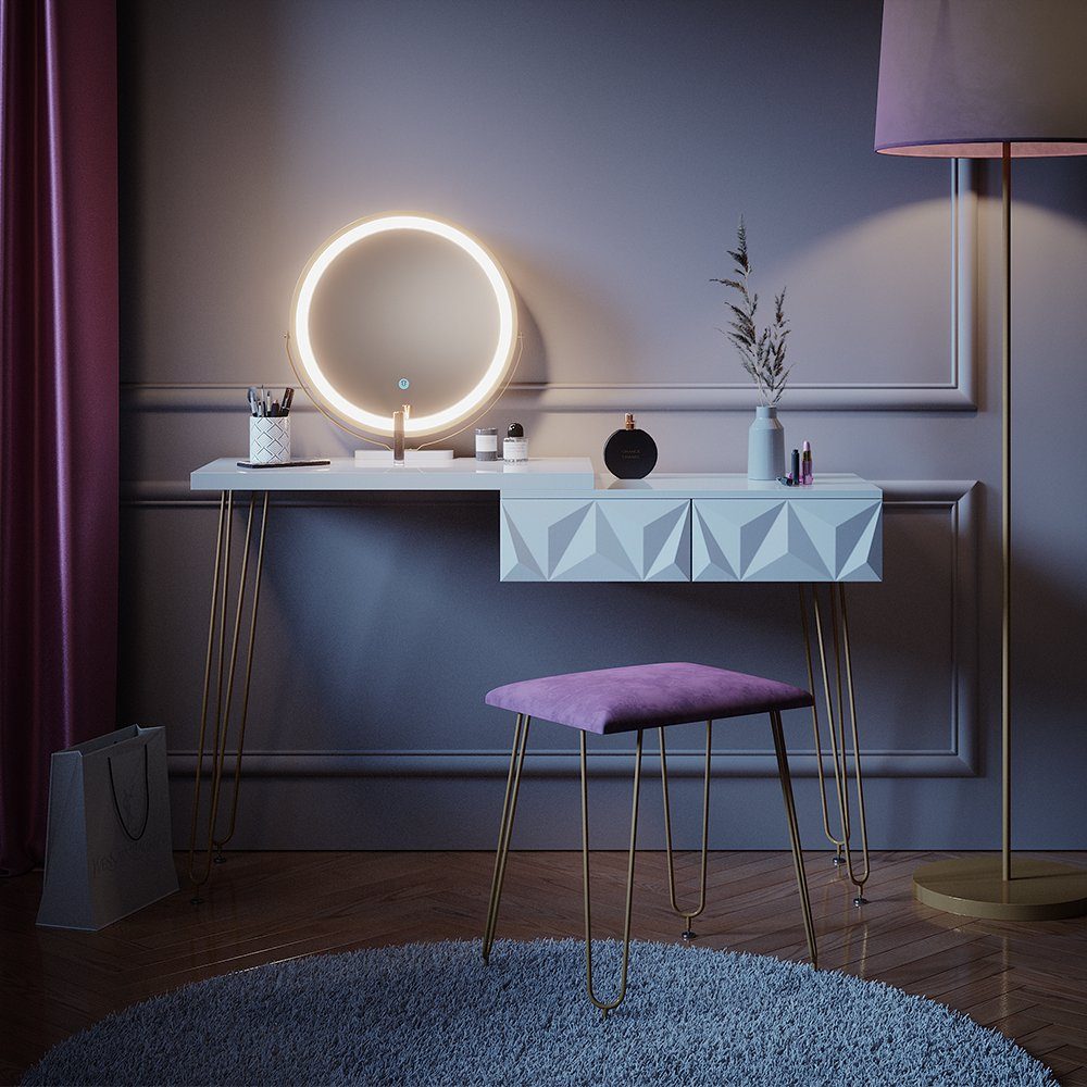 Vicco Schminktisch Bella, Weiß, 120 cm mit LED Beleuchtung und Hocker günstig online kaufen