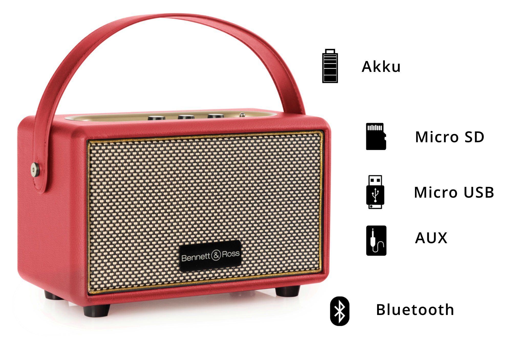 Bennett & Ross BB-820 Blackmore Bluetooth-Lautsprecher Retro Akku) 5200 W, Junior (20 in Rot Speaker mAh Lederoptik mit