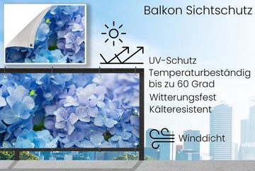 MuchoWow Balkonsichtschutz Hortensie - Wassertropfen - Floral - Botanisch - Blau (1-St) Balkonbanner, Sichtschutz für den Balkon, Robustes und wetterfest