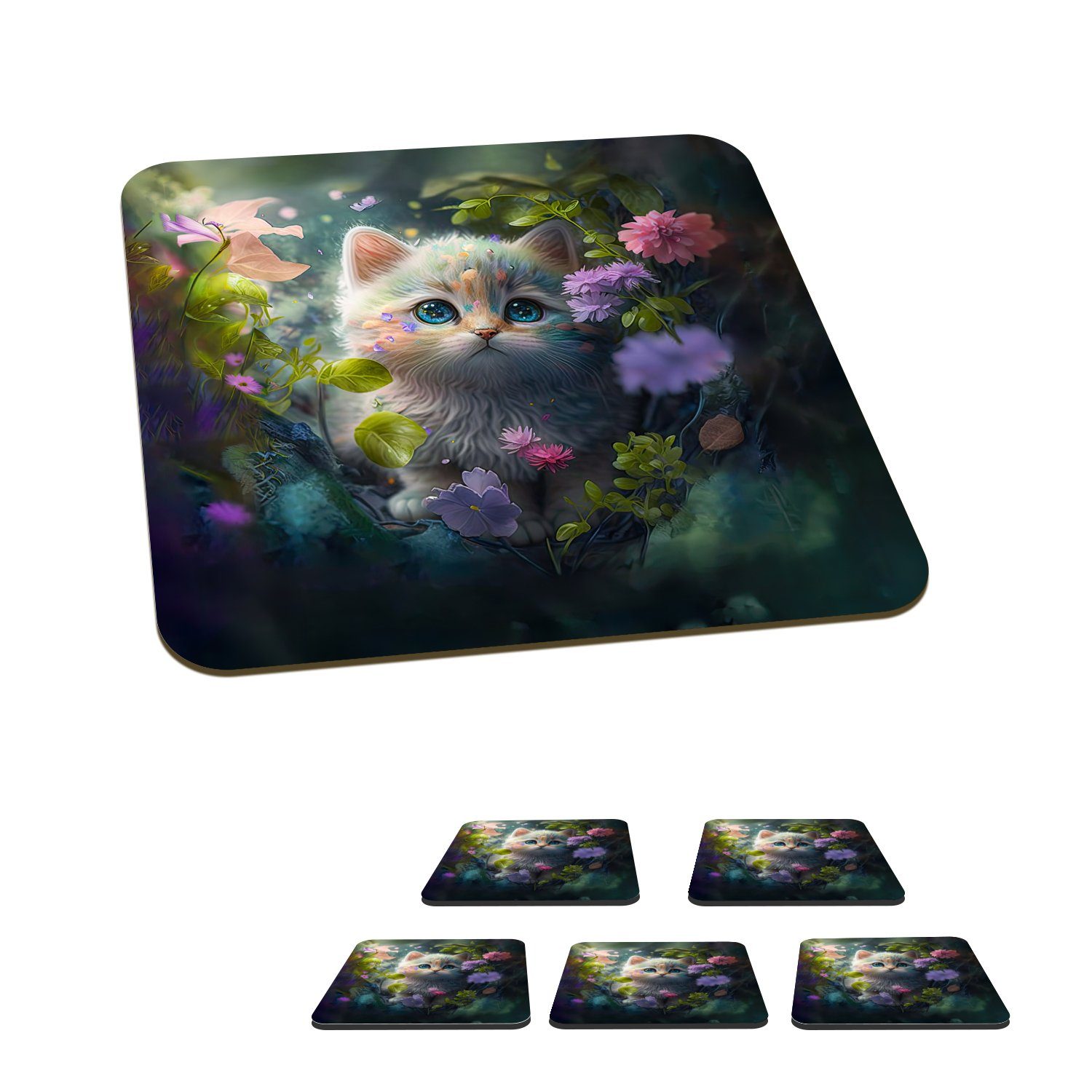 MuchoWow Glasuntersetzer Kätzchen - Blumen - Wald - Illustration - Katze, Zubehör für Gläser, 6-tlg., Glasuntersetzer, Tischuntersetzer, Korkuntersetzer, Untersetzer, Tasse