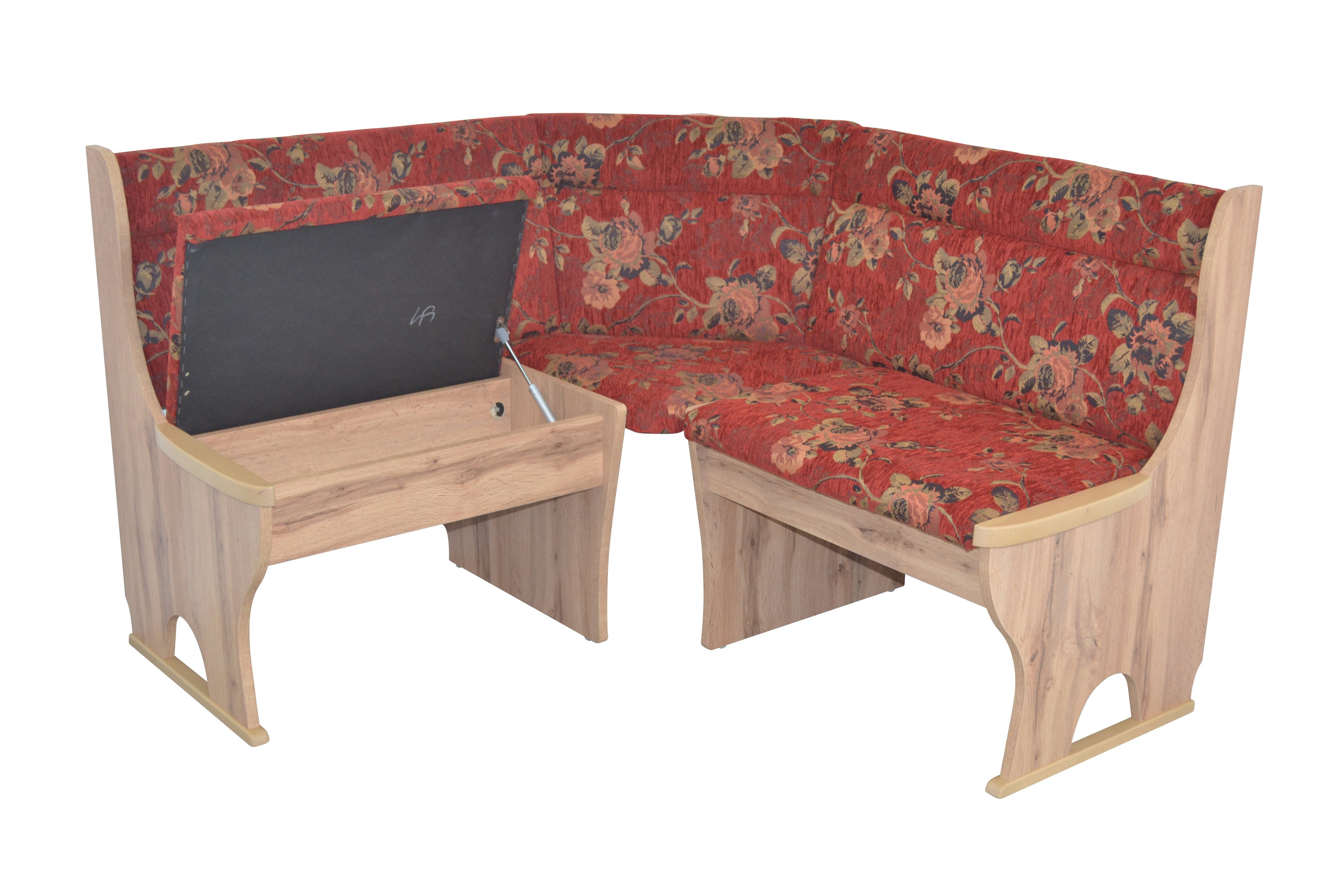 moebel-direkt-online Eckbank rot Sitzflächen, (Mit cm) Stauraumfunktion Stellfläche 125x125 unter Anja den Eiche-Nachbildung 
