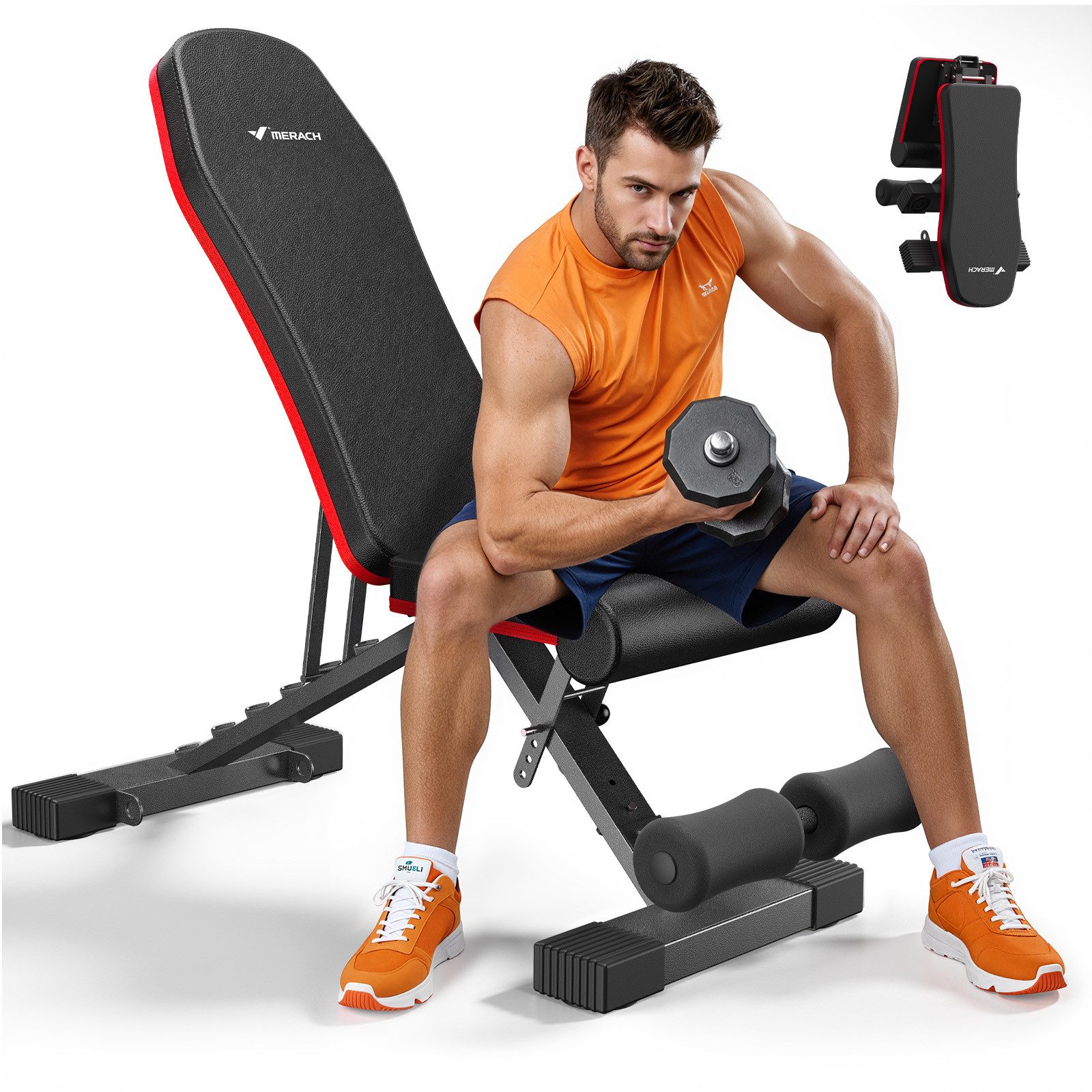 MERACH Hantelbank verstellbar mit Beinstrecker, klappbar bis 450 kg, (Hantelbank-Set mit Beinstrecker & Schrägbank-Funktion, 1x verstellbare Hantelbank, 1x Beinstrecker-Aufsatz), Bis 450 kg belastbar, mehrfach verstellbar, klappbar & platzsparend
