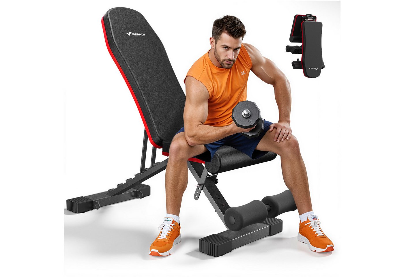 MERACH Hantelbank verstellbar mit Beinstrecker, klappbar bis 450 kg, (Hantelbank-Set mit Beinstrecker & Schrägbank-Funktion, 1x verstellbare Hantelbank, 1x Beinstrecker-Aufsatz), Bis 450 kg belastbar, mehrfach verstellbar, klappbar & platzsparend