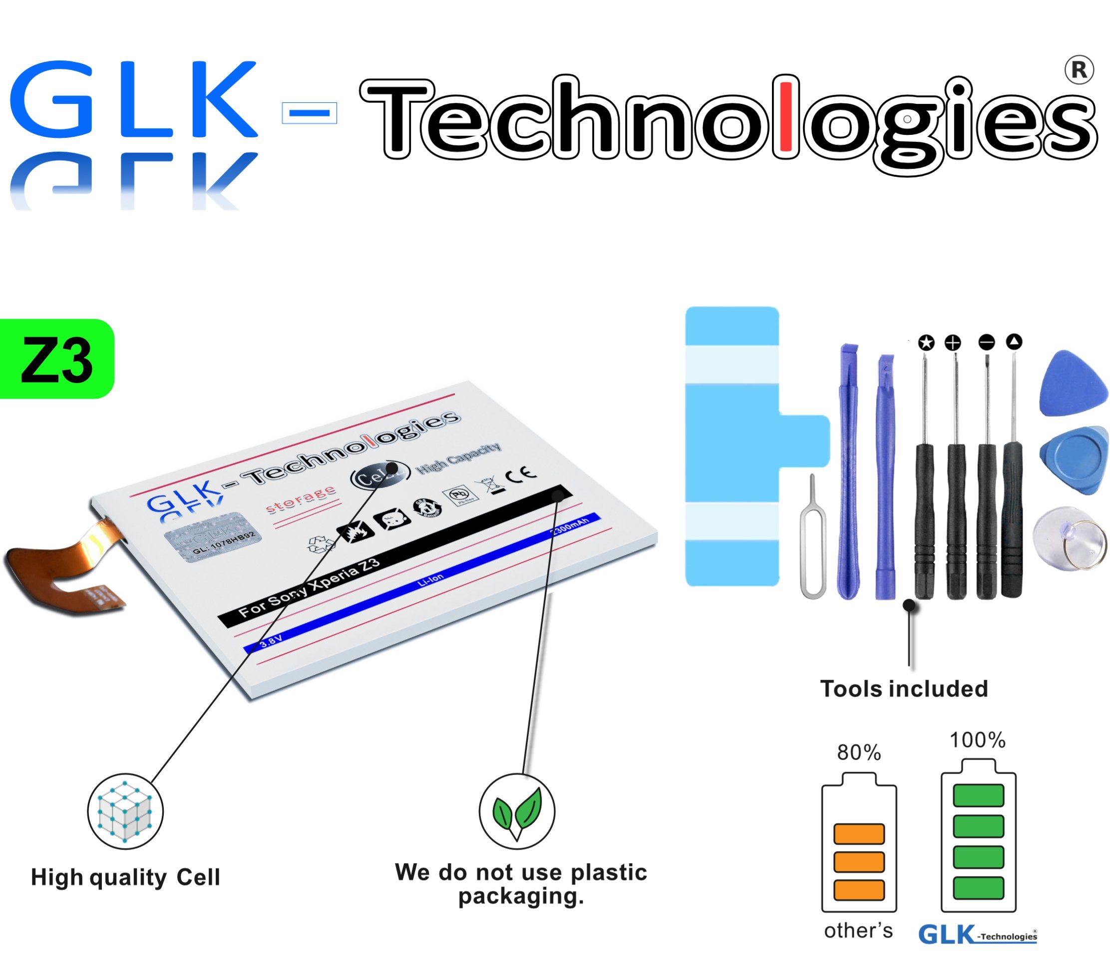 GLK-Technologies High Power Ersatzakku kompatibel mit Sony Xperia Z3 D6603, Original GLK-Technologies Battery, accu, 2300 mAh, inkl. Werkzeug Set Kit Smartphone-Akku 2300 mAh (3.8 V)