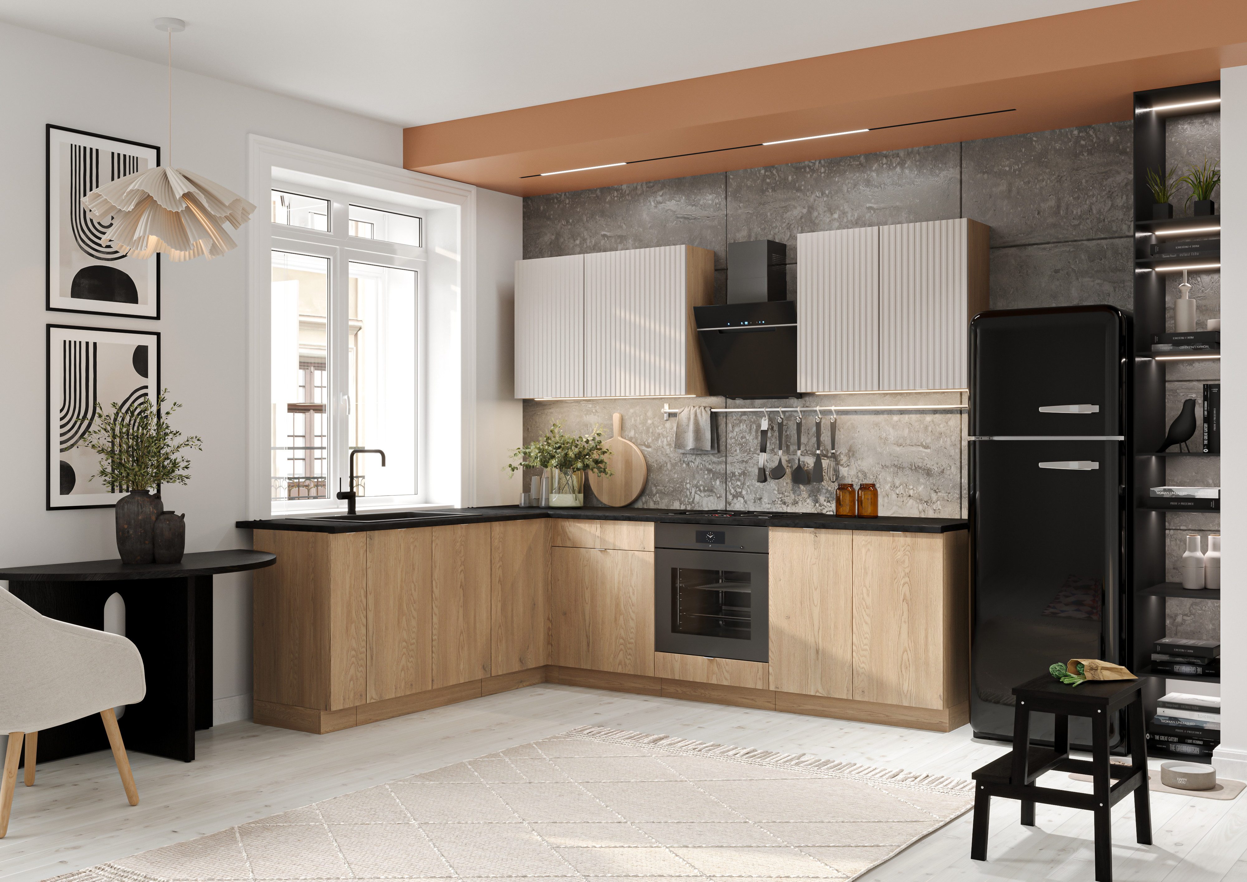 Möbel für Dich Winkelküche Eckküche in L-Form Sofia 260x200 cm, 9-teilig, mit Apothekerschrank