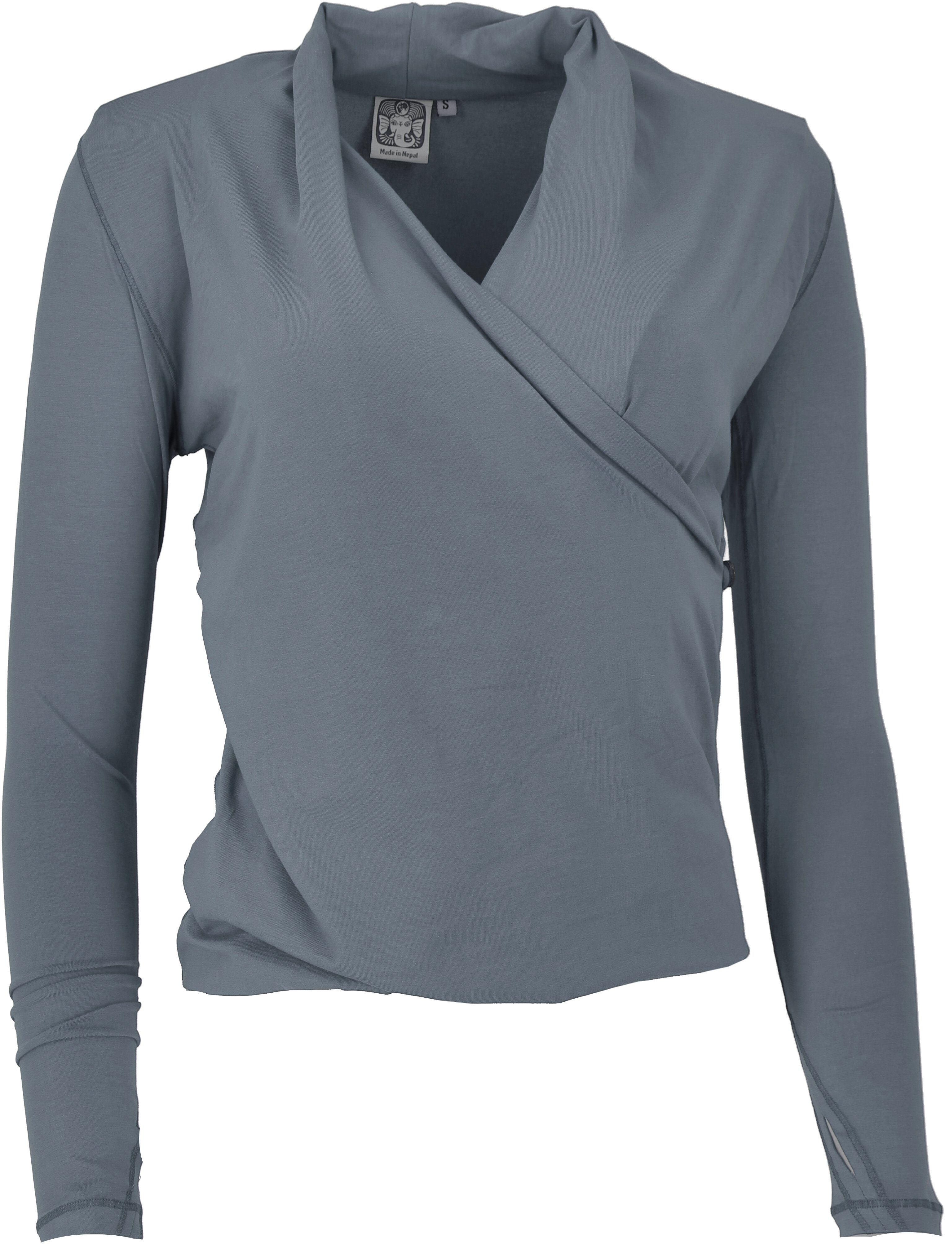 Guru-Shop Longsleeve Langarmshirt im Wickellook mit Daumenloch,.. alternative Bekleidung dunkelgrau