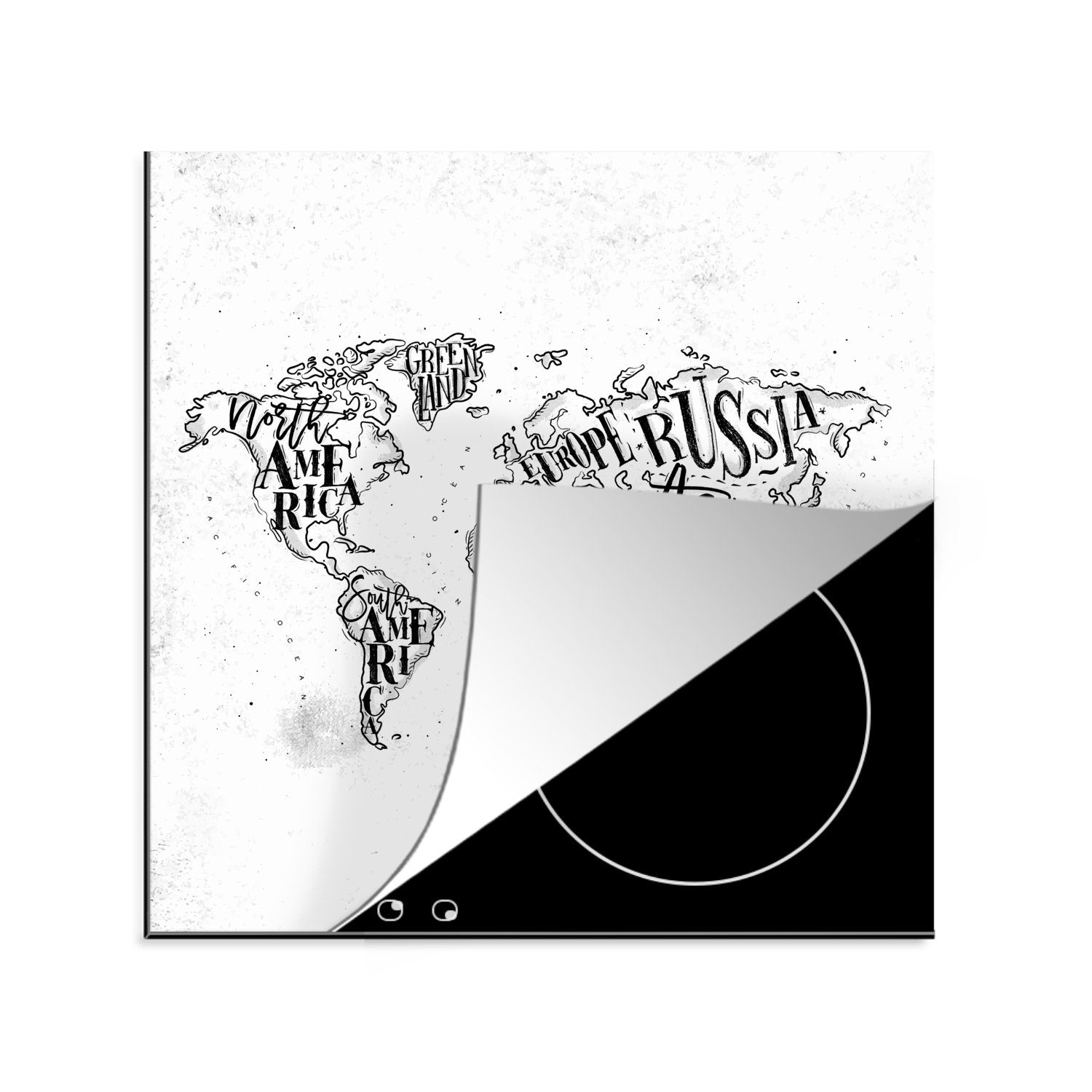 MuchoWow Herdblende-/Abdeckplatte Weltkarte - Schwarz - Weiß - Buchstaben, Vinyl, (1 tlg), 78x78 cm, Ceranfeldabdeckung, Arbeitsplatte für küche