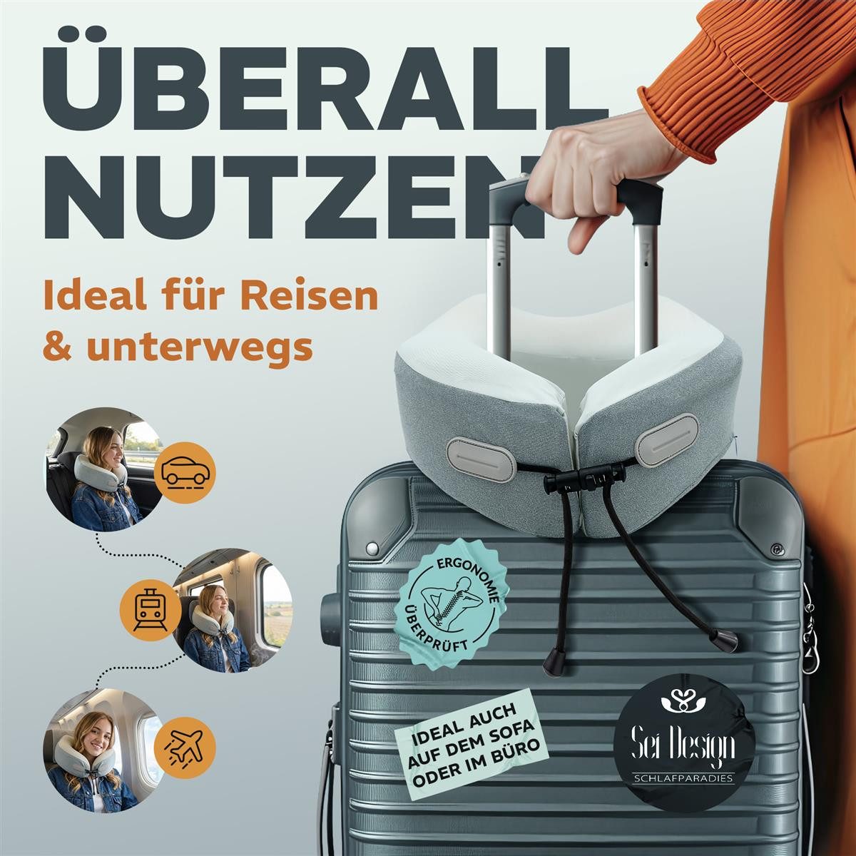 SEI Design Nackenstützkissen Nackenhörnchen - Nackenkissen Flugzeug - Reisekissen aus Memoryschaum, Bezug: Kühlend abnehmbar mit Reißverschluss und Kordel, Reisen, Flügzeug, Bahn, Auto, Büro, mitzunehmen.