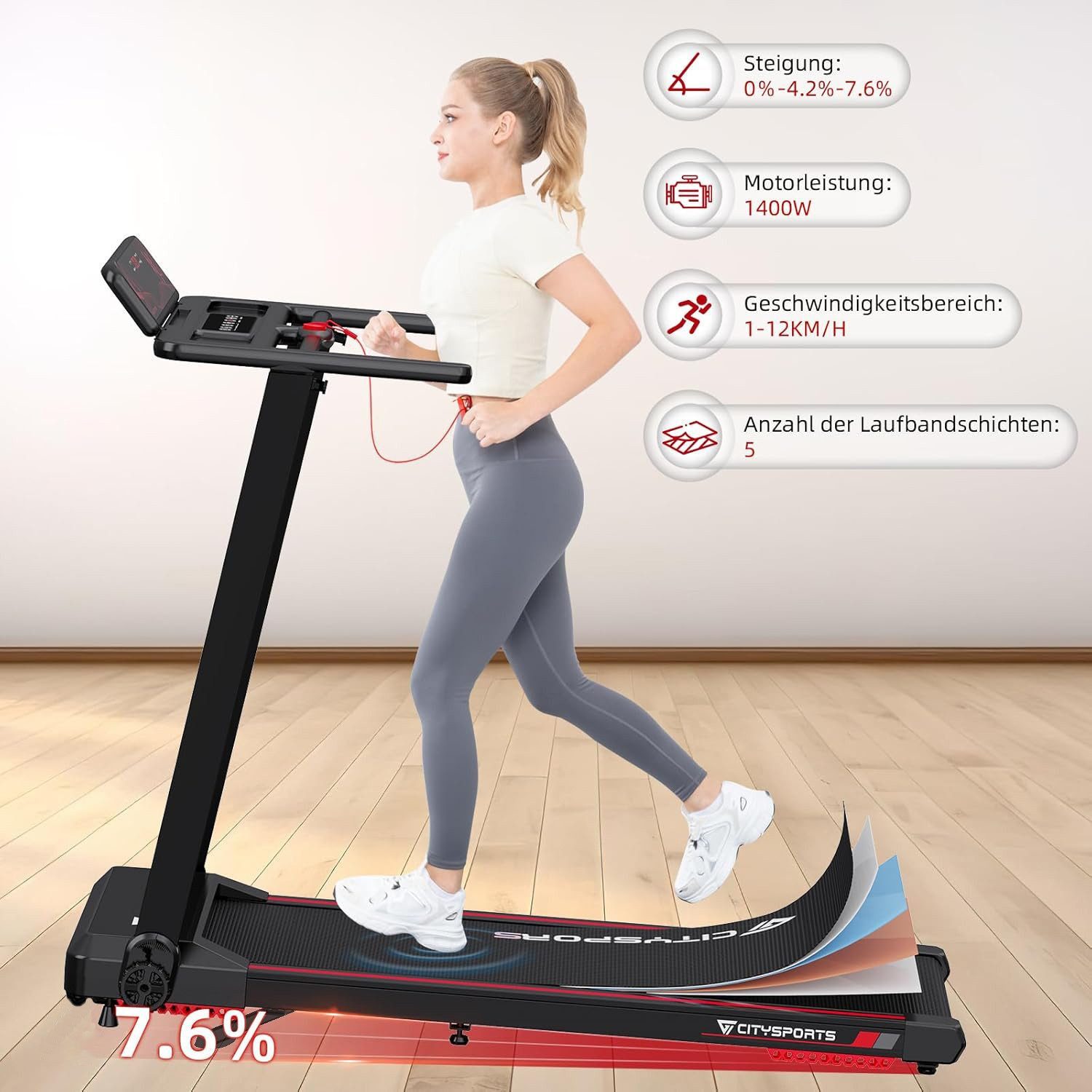 CITYSPORTS Laufband Heim-Laufband mit Steigung (Mit Toolkit, Schmiermittel), Klappbares Laufband bis 12 km/h mit APP walking jogging pad
