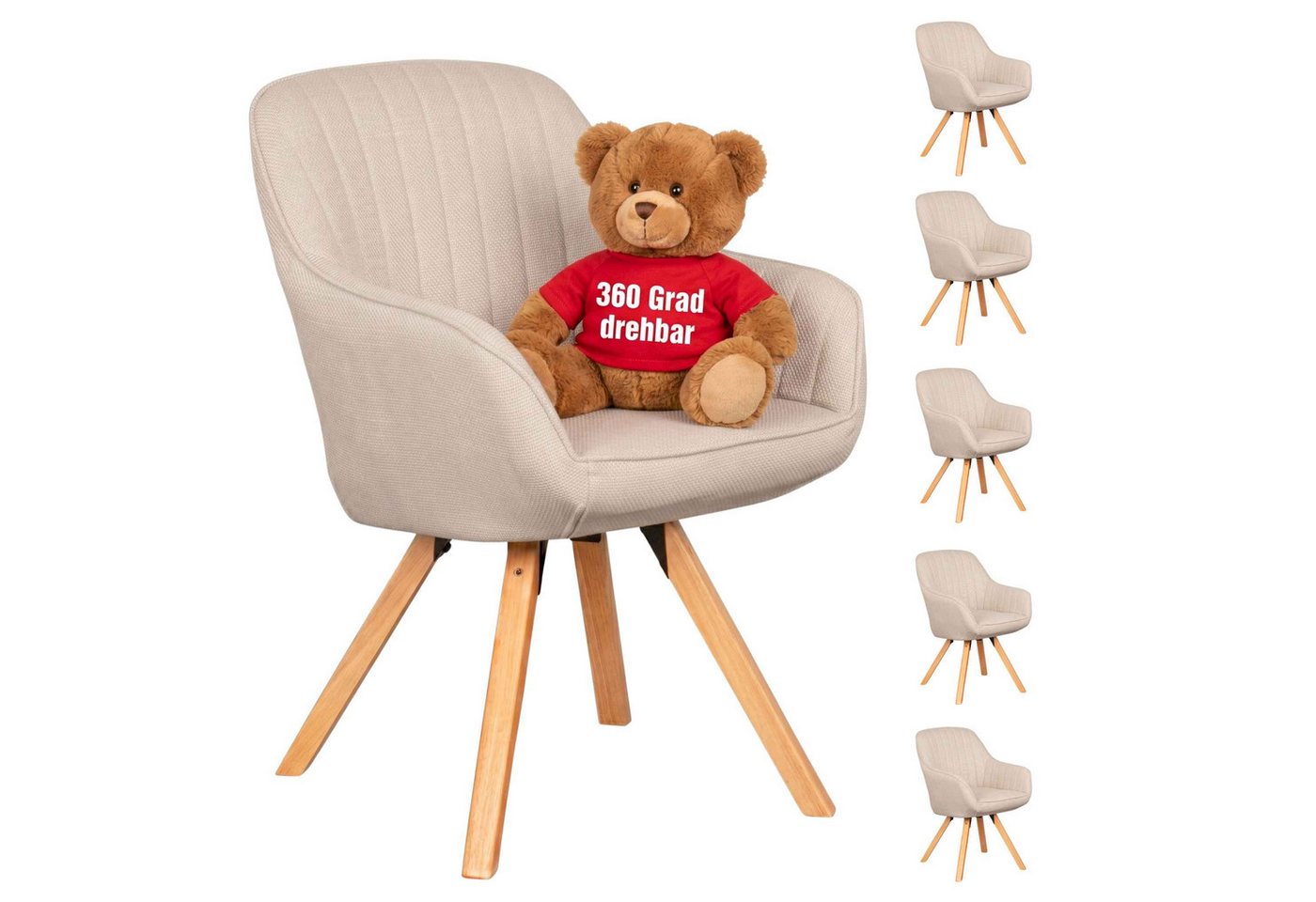 MR.DEKO Esszimmerstuhl 6er Set Matera beige drehbar mit Armlehnen FSC®-zertifiziert (einzelnd, oder als Set erhältich für Küche und Esszimmer, 6 St), 360° Drehfunktion, stabile FSC® 100% Holzbeine, weiche Polsterung
