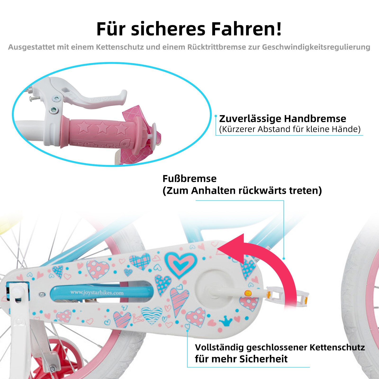 JOYSTAR Kinderfahrrad 12 14 16 18 Zoll Mädchenfahrrad, 3 - 9 Jahre,Geschenk für Prinzessin, 1 Gang, Mit Hilfsrädern, farbigen Bändern, Korb, Reflektor, Kettenabdeckung