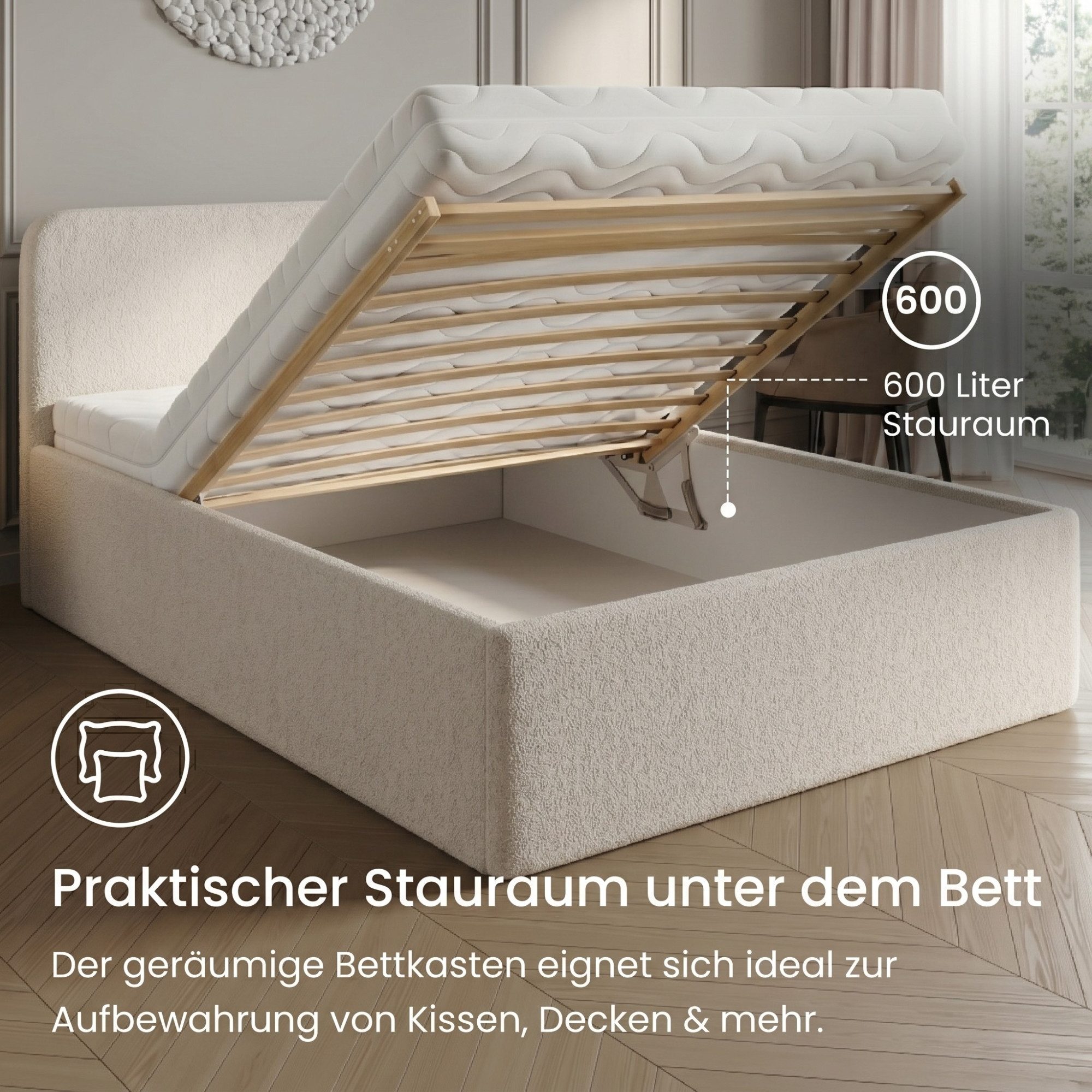 Home Collective Polsterbett Bett mit Stauraum, verstellbarem Lattenrost, viele Größen (Größen: 100x200 120x200 140x200 160x200 180x200 200x200, trendiger Bouclé – Bild 3 von 5