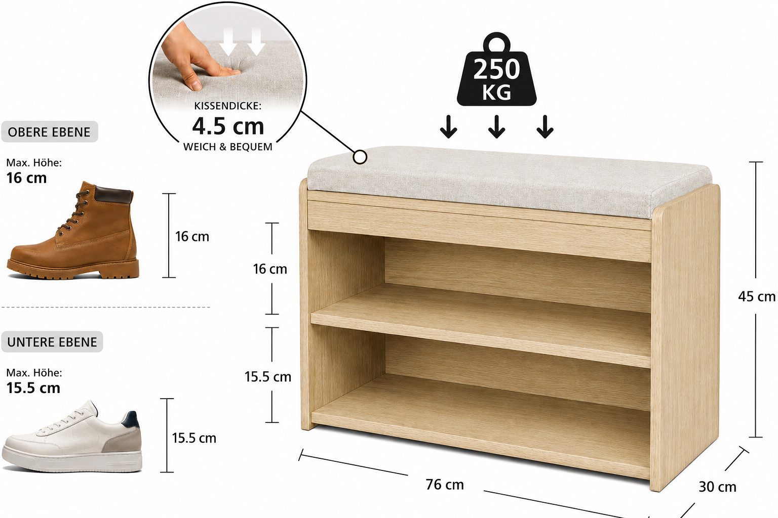 Zedelmaier Sitzbank mit Sitzbank Schuhregal mit Sitzbank 76 x 30 x 45 cm – Bild 3 von 4