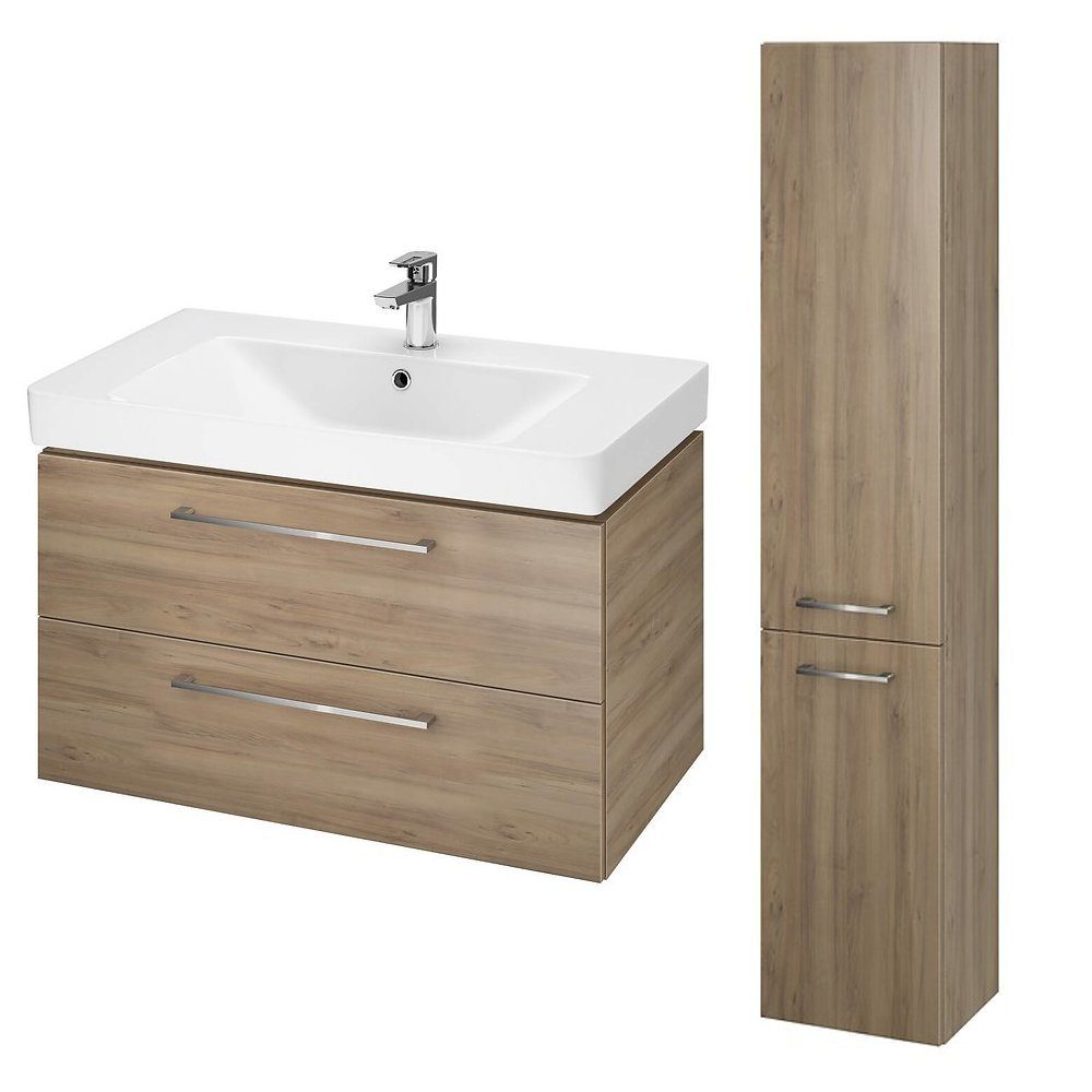KOLMAN Badmöbel-Set LARA MILLE 80 Waschbecken-Unterschrank mit Hochschrank 150x30x25, mit Schubladen & Keramikwaschbecken. € 499,99