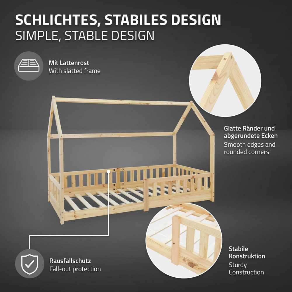 ML-DESIGN Spielbett Hausbett Kinderbett inkl. Lattenrost kreativ Bodenbett für Kinder, Abenteuerbett zum Spielen mit Rausfallschutz Kiefer Natur Himmelbett