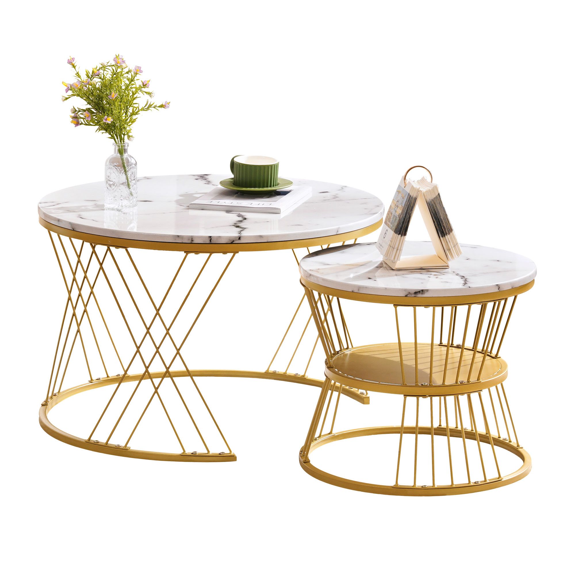 MODFU Couchtisch Hochglanz mit Metallrahmen Couchtisch und 2er Set (Marmor Furnier Sofa Seite Nest von Tischen Runde Endtische), Wohnzimmertisch