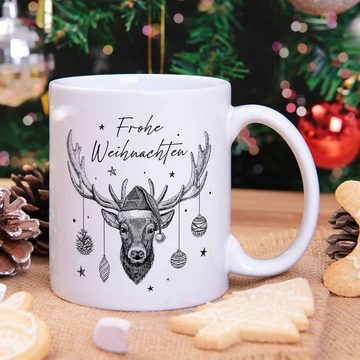 GRAVURZEILE Tasse mit Weihnachtsmotiv - Geschenke für Frauen & Männer zu Weihnachten, Frohe Weihnachten Elch - Weiß
