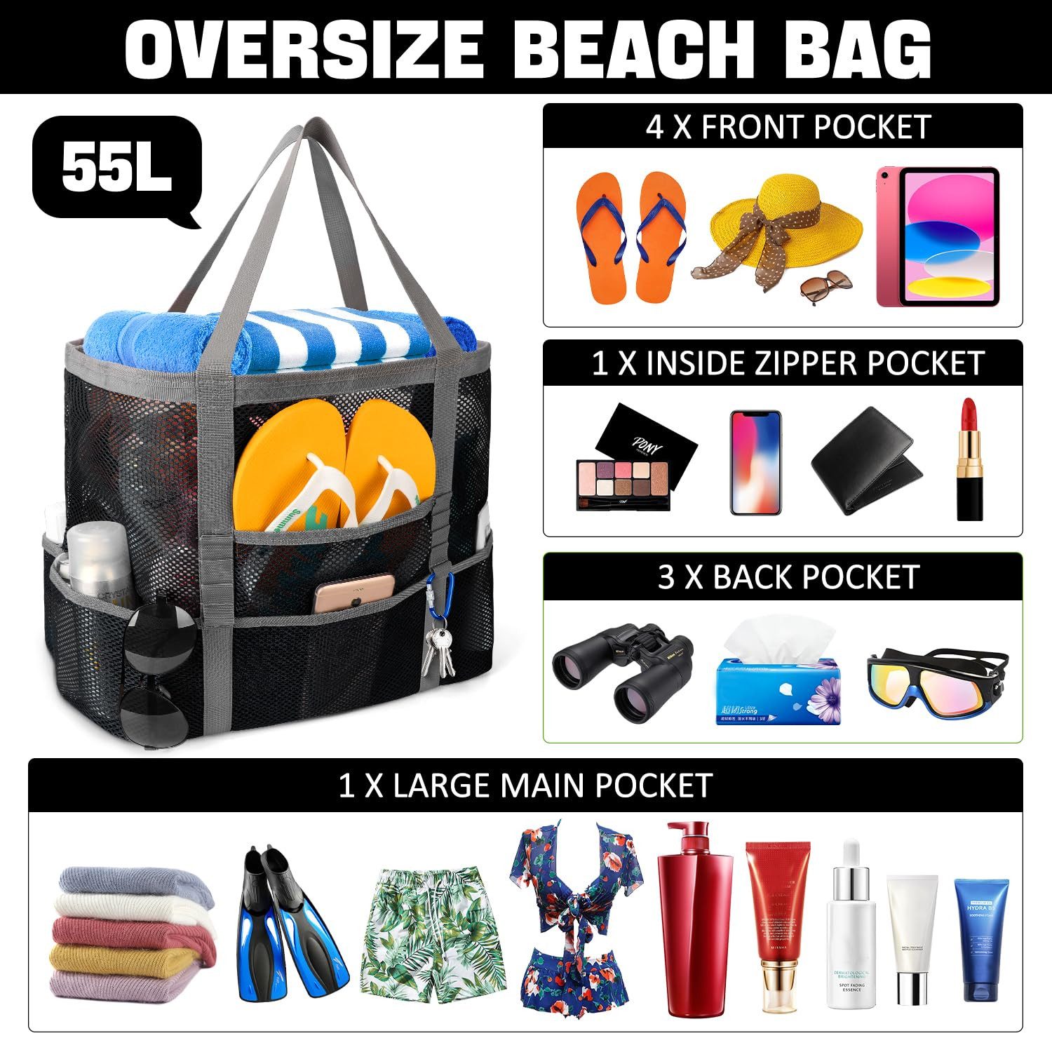 RWEUOQ XL-Strandtasche Große Kapazität Strandspielzeug Mesh günstig online kaufen
