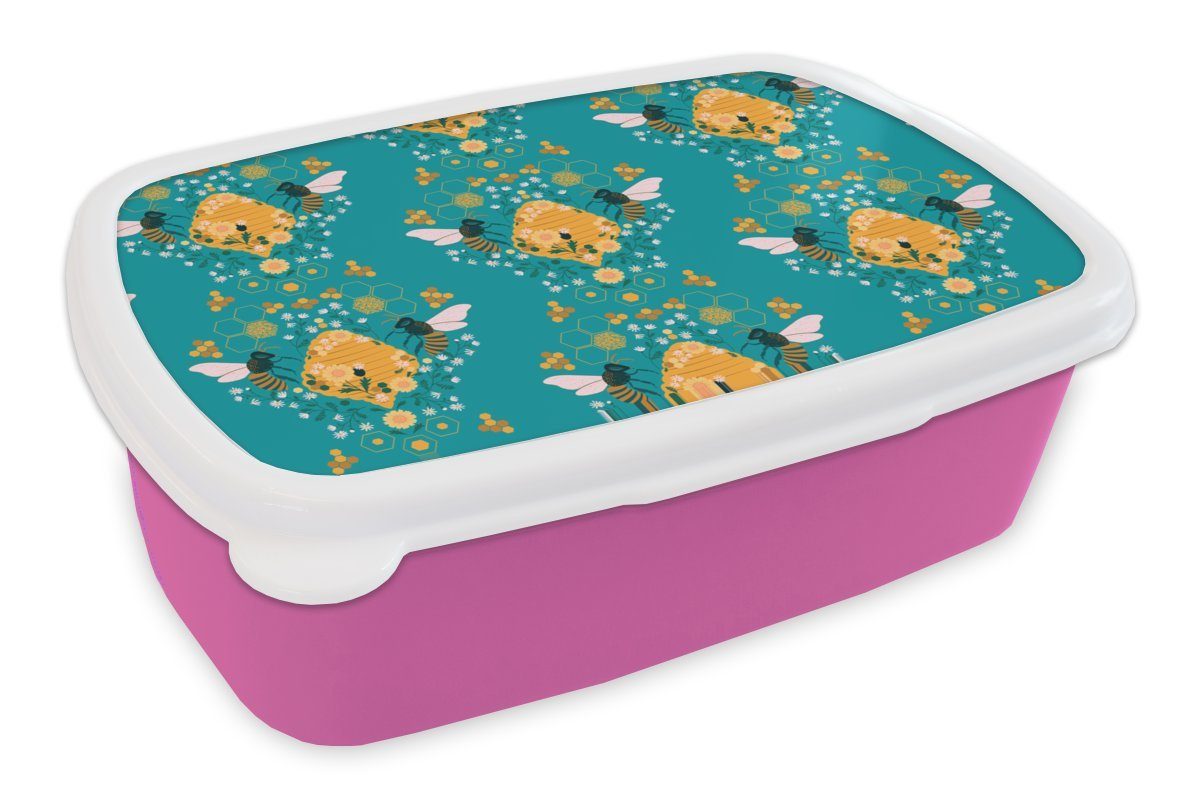 MuchoWow Lunchbox Biene - Bienenstock - Muster, Kunststoff, (2-tlg), Brotbox für Erwachsene, Brotdose Kinder, Snackbox, Mädchen, Kunststoff rosa