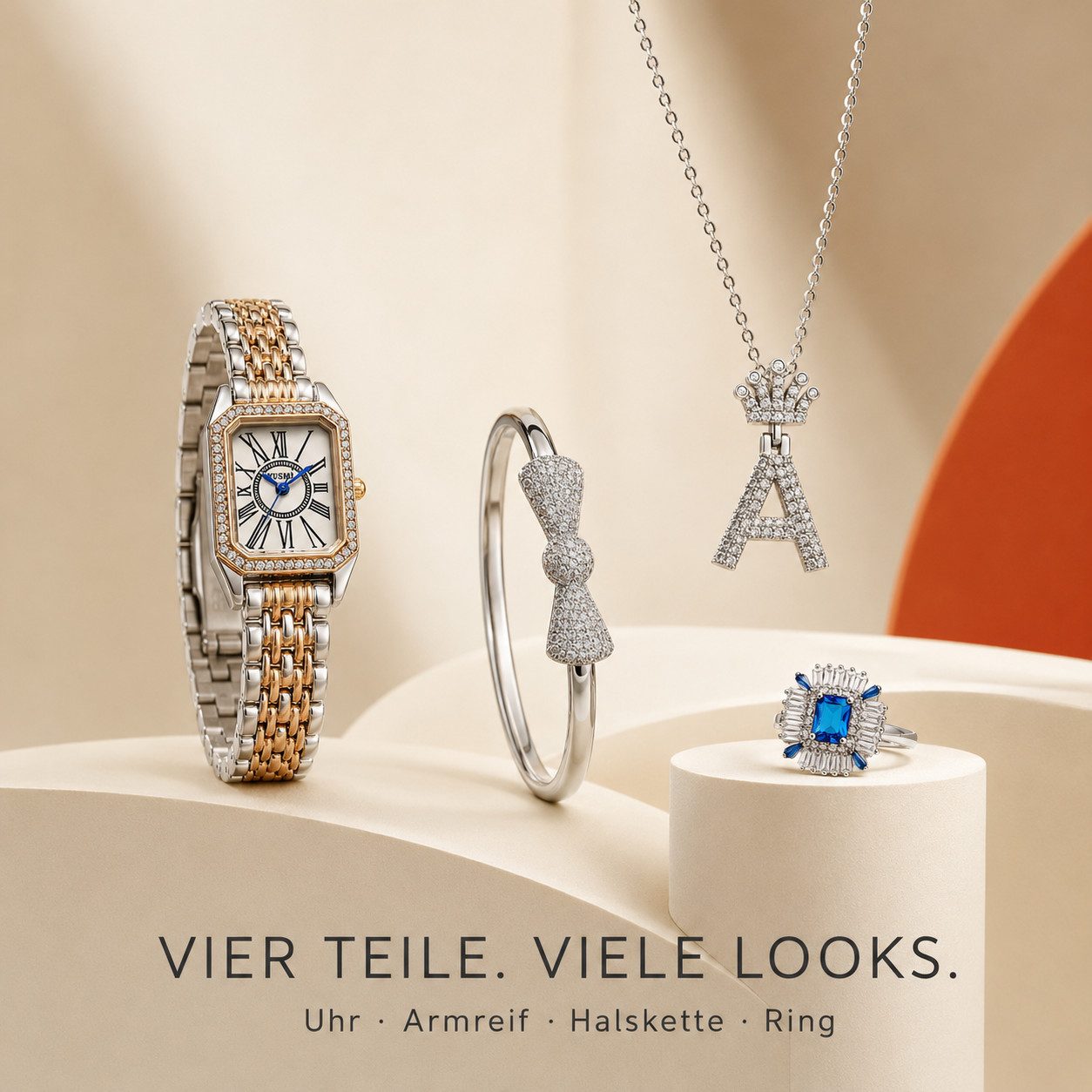 Fyrove Quarzuhr Geschenk für Ihre Liebsten, Geschenk für Frauen, (4-teiliges Damen-Schmuckset mit Quarzuhr, Halskette, Armreif und Ring – elegante Damenarmbanduhr in Geschenkbox, 4-tlg., Weihnachtsgeschenk & Geburtstagsgeschenk für Frauen)