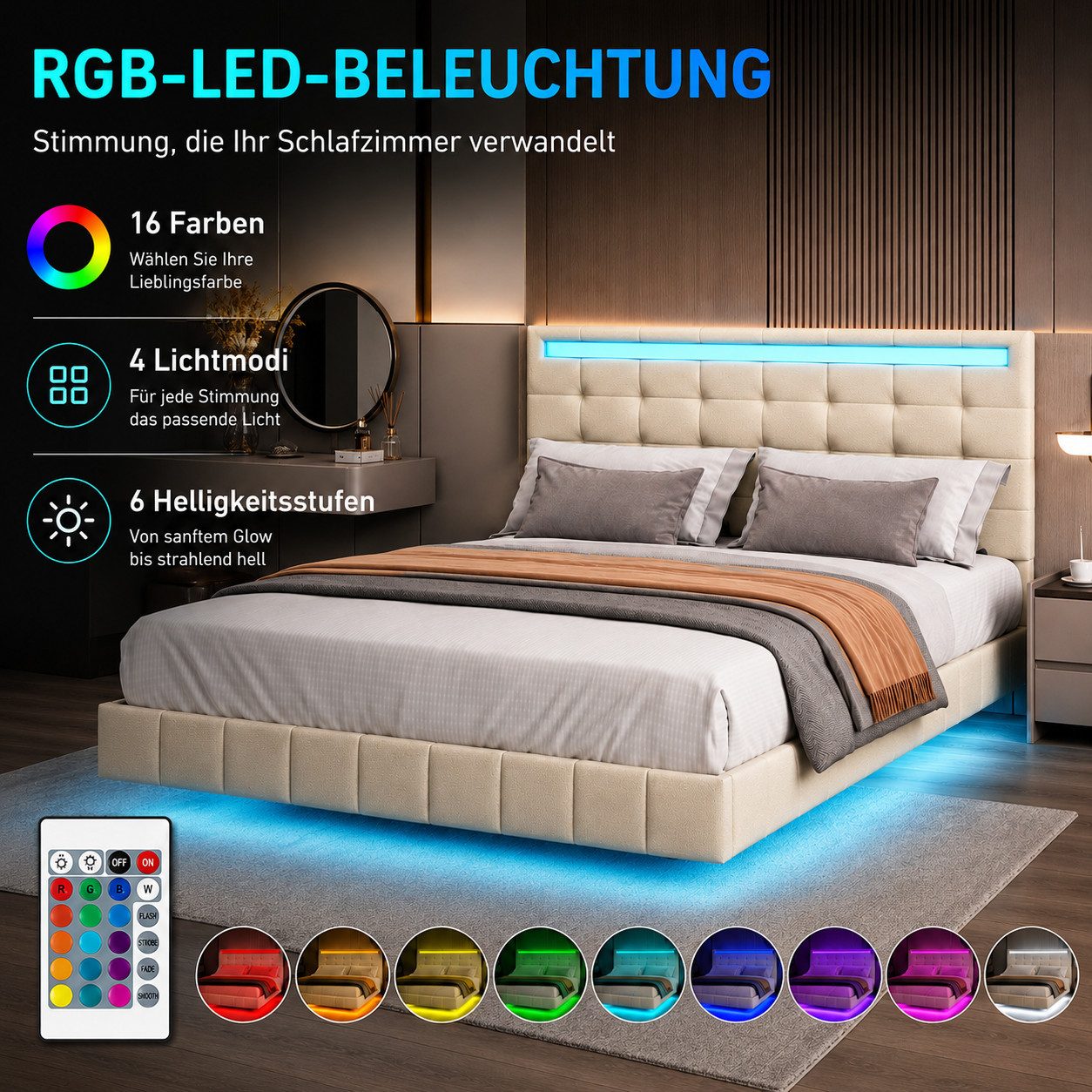 Simurq Polsterbett Schwebebett mit LED-Beleuchtung und USB, Doppelbett 140x200cm (Packung, 1-tlg., Jugendbett mit Kopfteil, Linenstoff), Schwebender visueller Effekt
