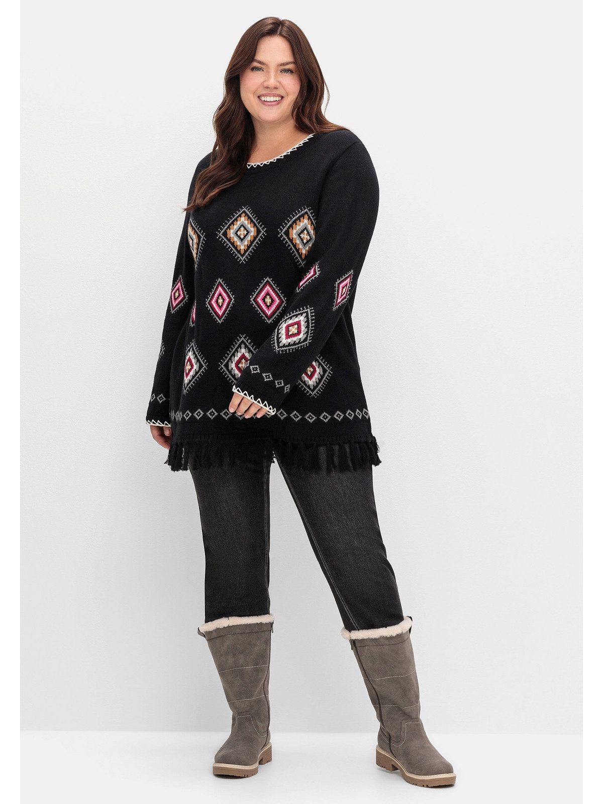Sheego Strickpullover Große Größen mit Ethnomuster und Fransen