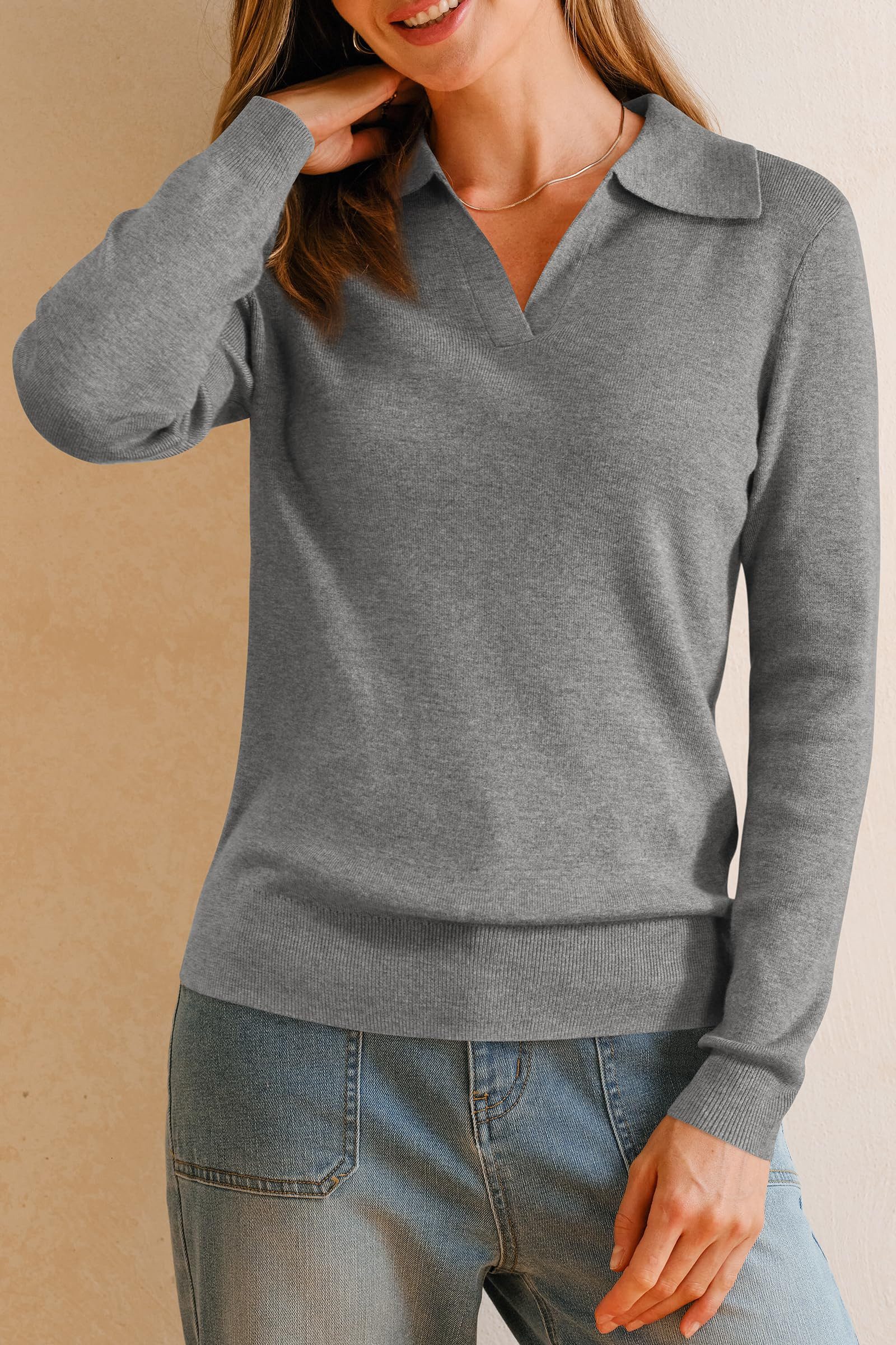 Arach&Cloz Poloshirt Damen Poloshirts Langarmshir Strickpullover Longpullover V-Shirt aus Wollmischung Herbstpullover Business CasualOutfits