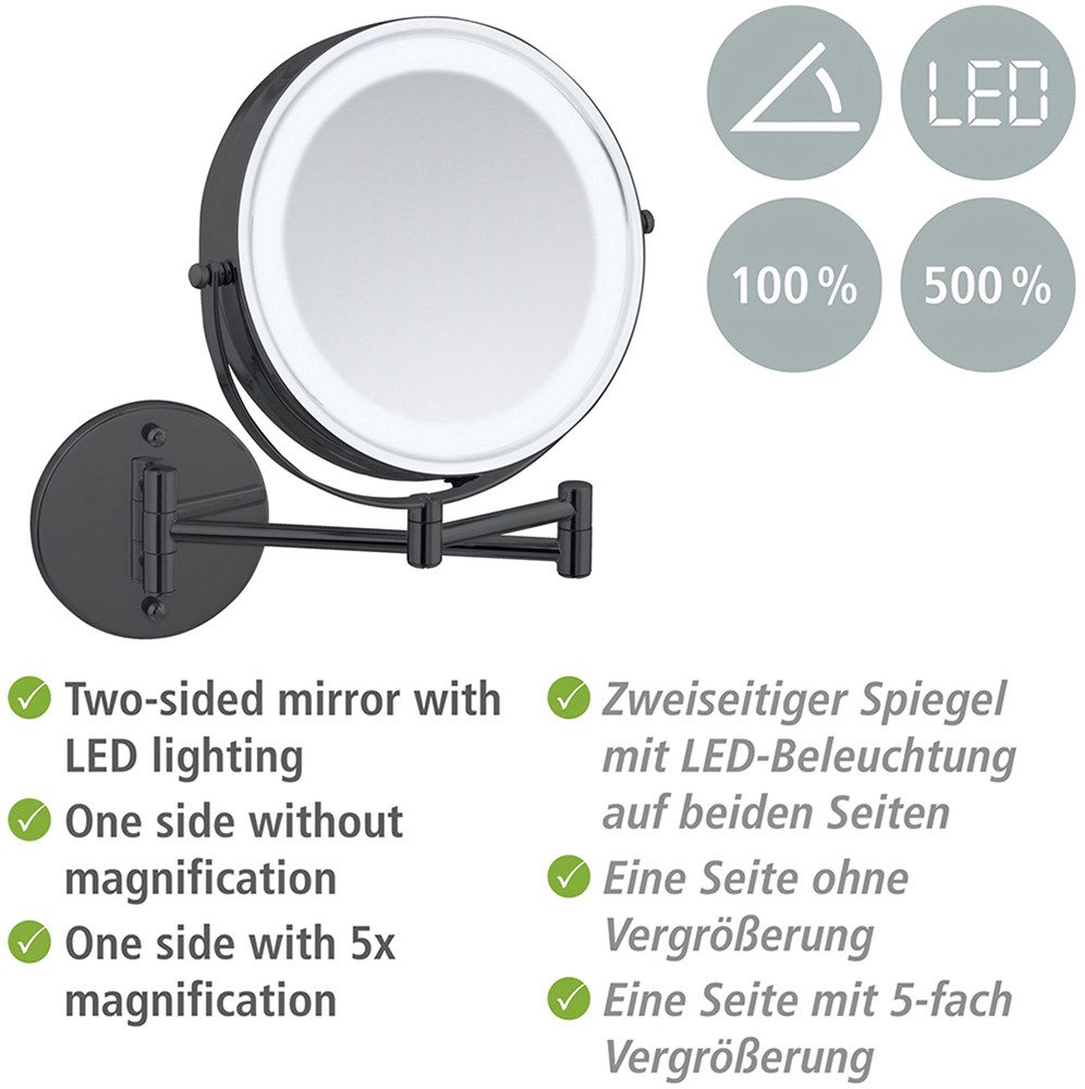 WENKO Wandspiegel Power-Loc® LED Modell Lumi, Kosmetikspiegel mit Beleuchtung, 5-fach Vergrößerung, ohne Bohren