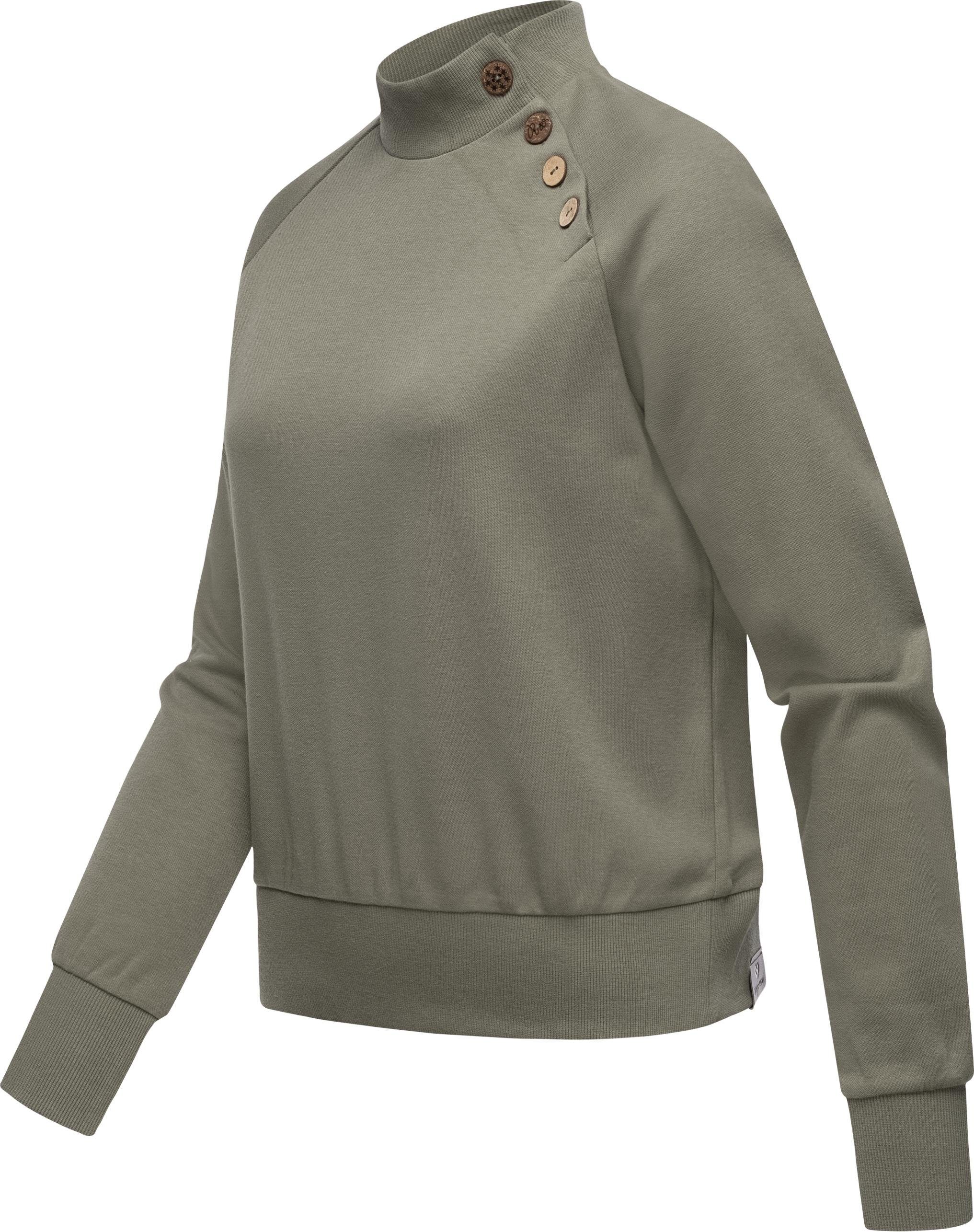 Ragwear Sweatshirt Majjorka Solid mit Rippbündchen und olivgrün Damen Zierknöpfen Langarmshirt
