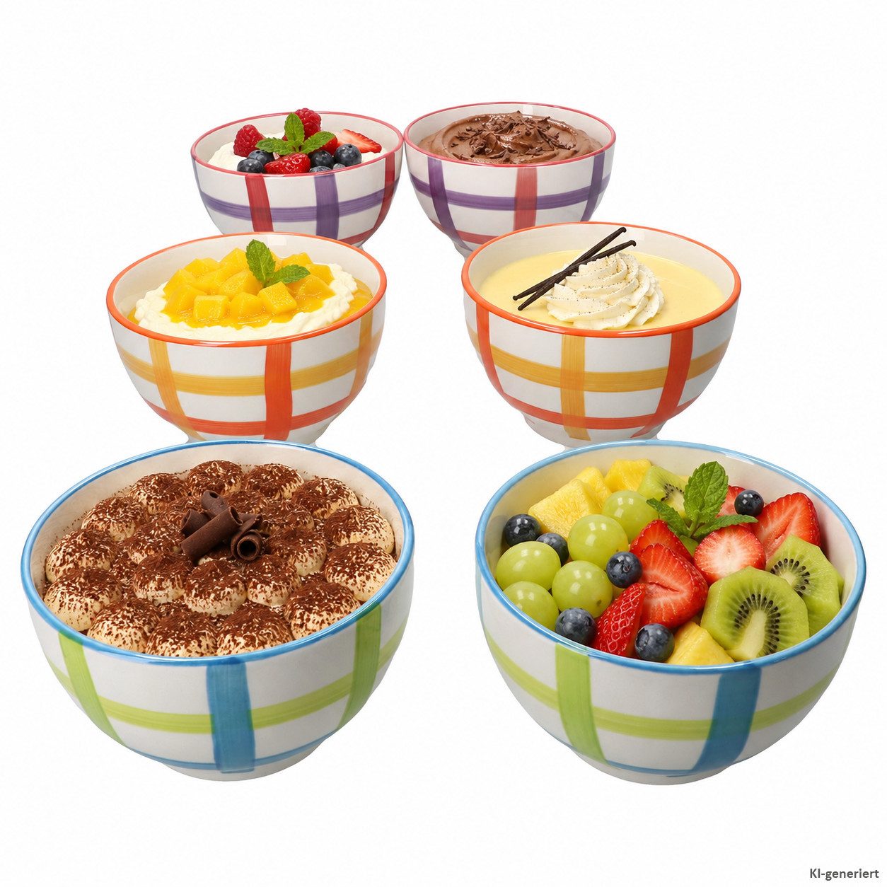 MamboCat Müslischale 6x Picknick Müslischalen 500ml Steingut bunt kariert Bowl Salat, Steingut