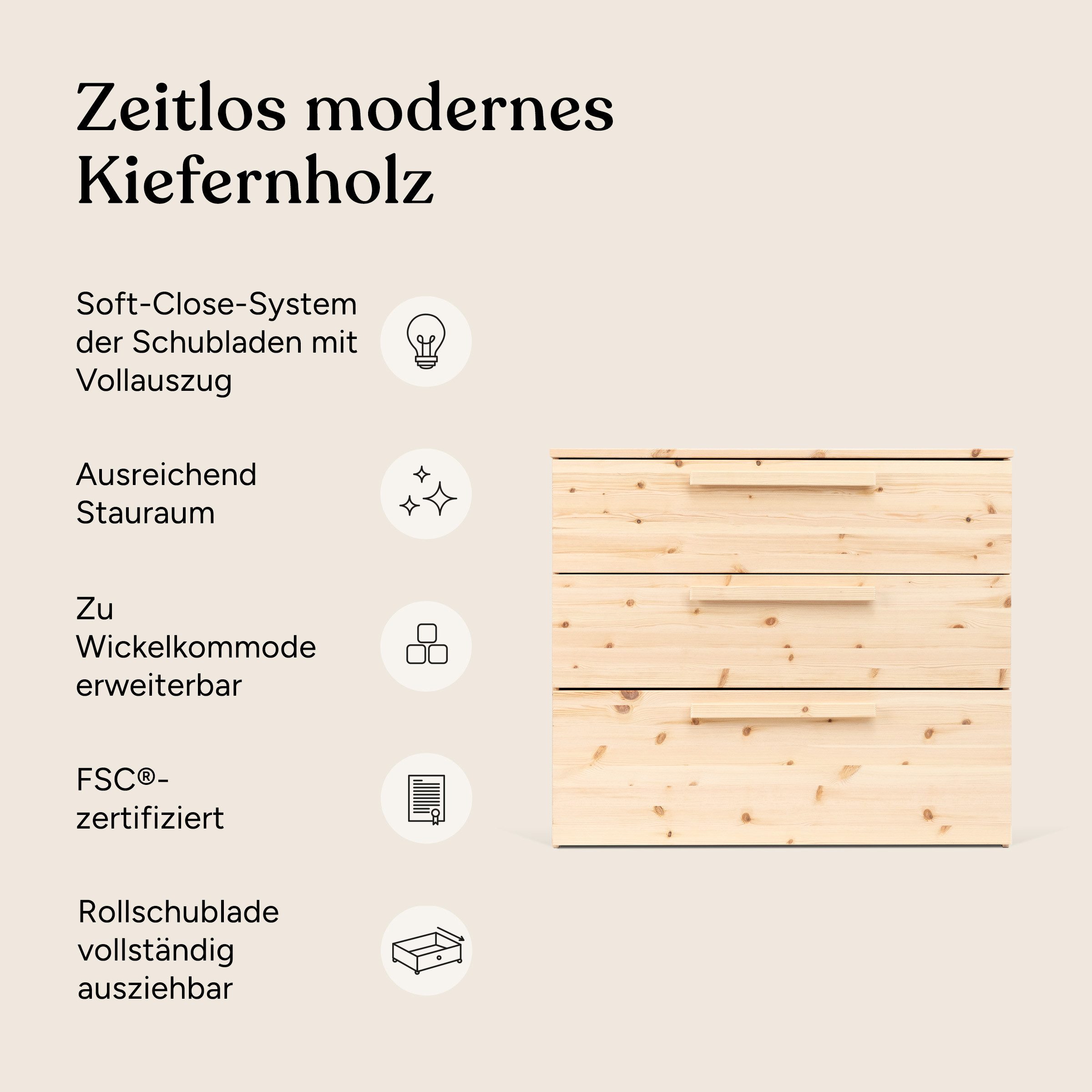 Ehrenkind Kommode Linia (mit Rollschublade, aus FSC®-zertifiziertem Kiefernholz), viel Stauraum, optionaler Wickelaufsatz