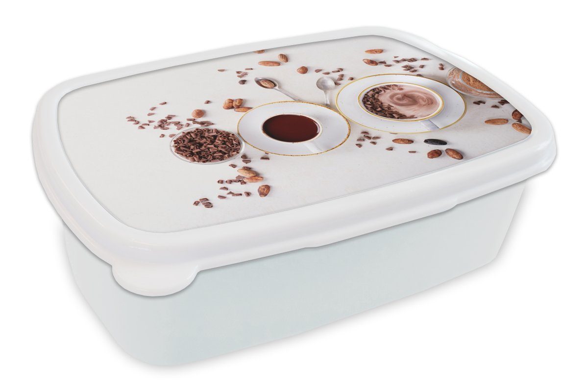 MuchoWow Lunchbox Kaffee - Kaffeebohnen - Schokolade, Kunststoff, (2-tlg), Brotbox für Kinder und Erwachsene, Brotdose, für Jungs und Mädchen weiß | Lunchboxen