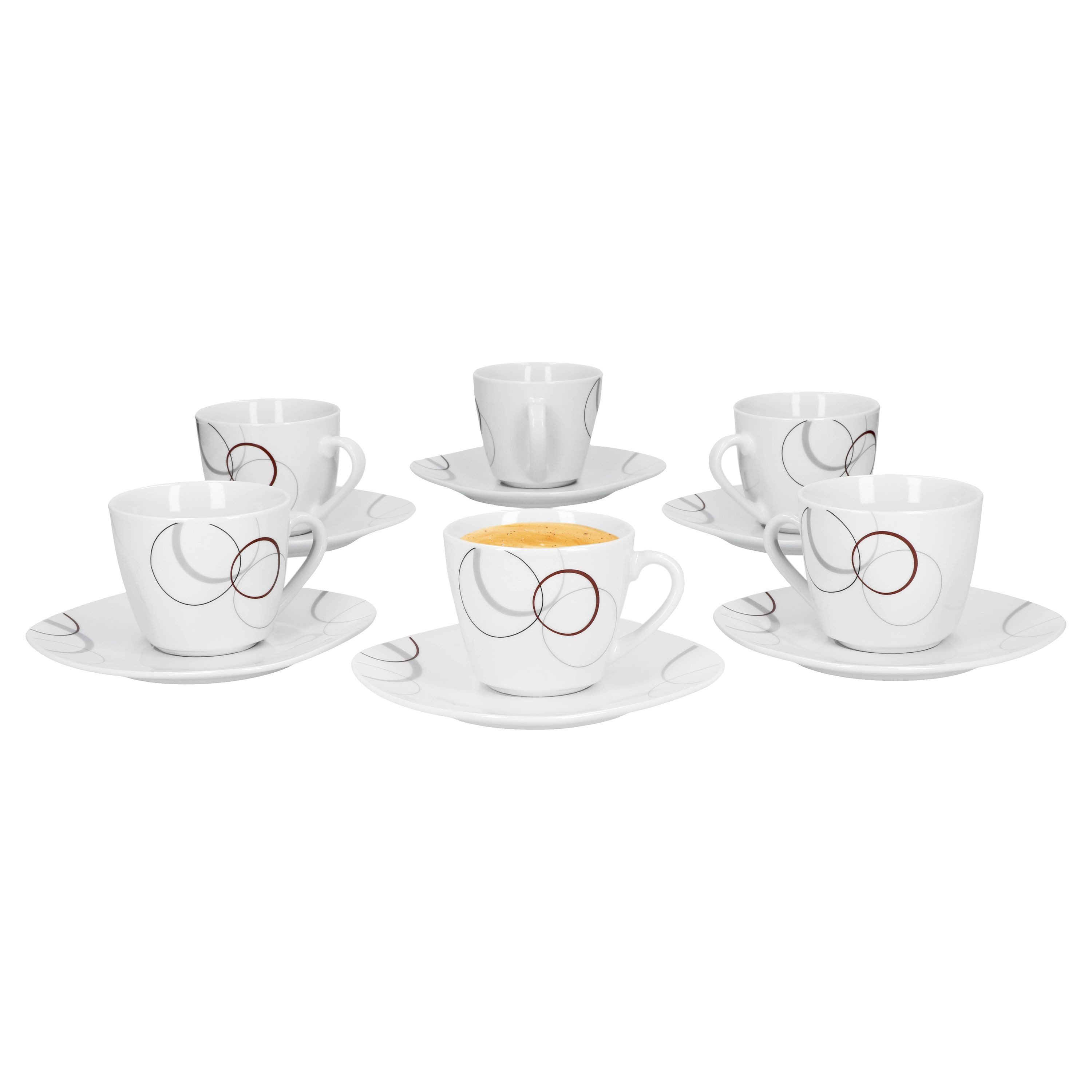 van Well Tasse 6er Set Kaffeetasse 20cl und Untertasse Palazzo Porzellan mit Kreisen, Porzellan