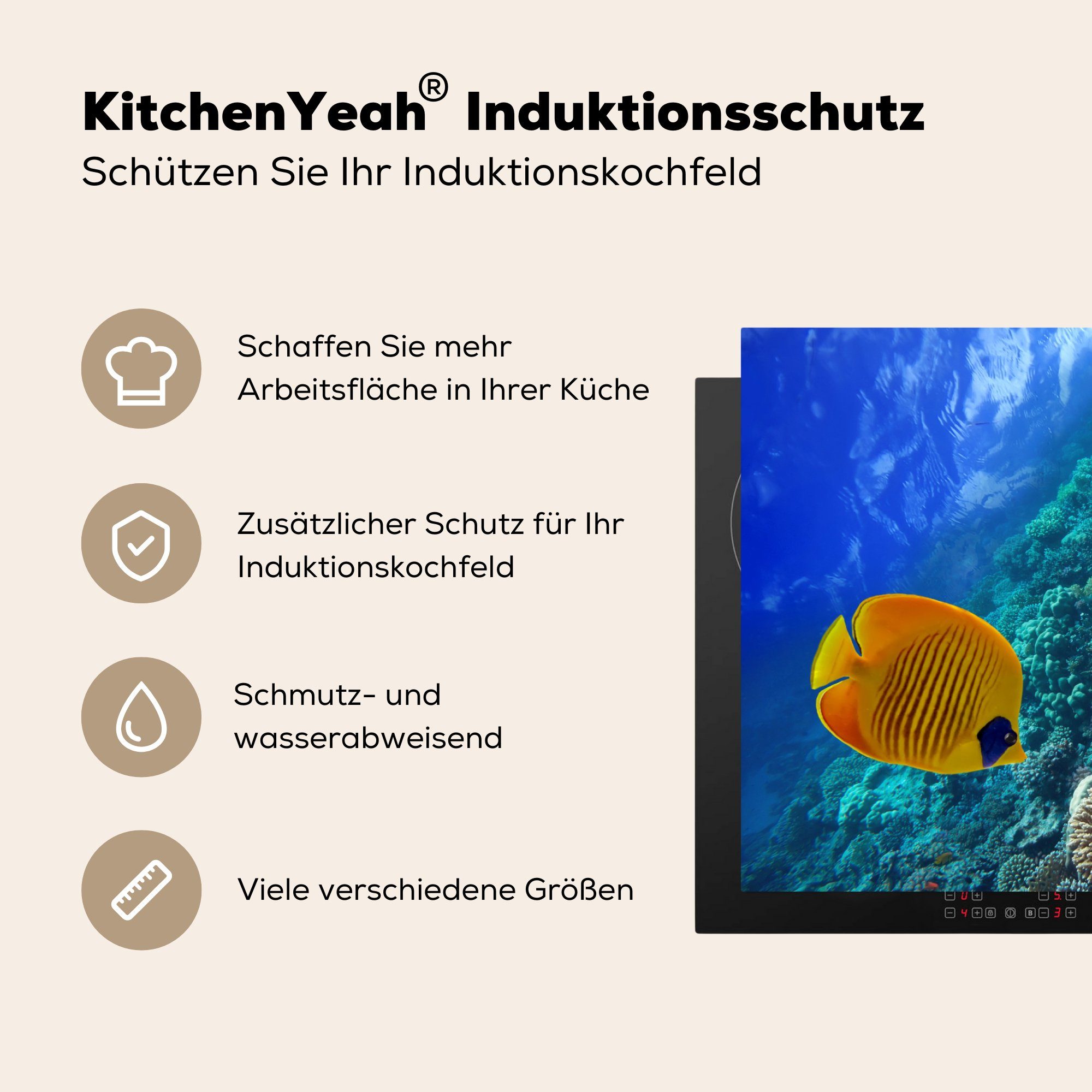 Schutz Gruppe, - tlg), (1 MuchoWow 81x52 küche, die cm, - Wasser Vinyl, Induktionskochfeld Ceranfeldabdeckung für Herdblende-/Abdeckplatte Fisch
