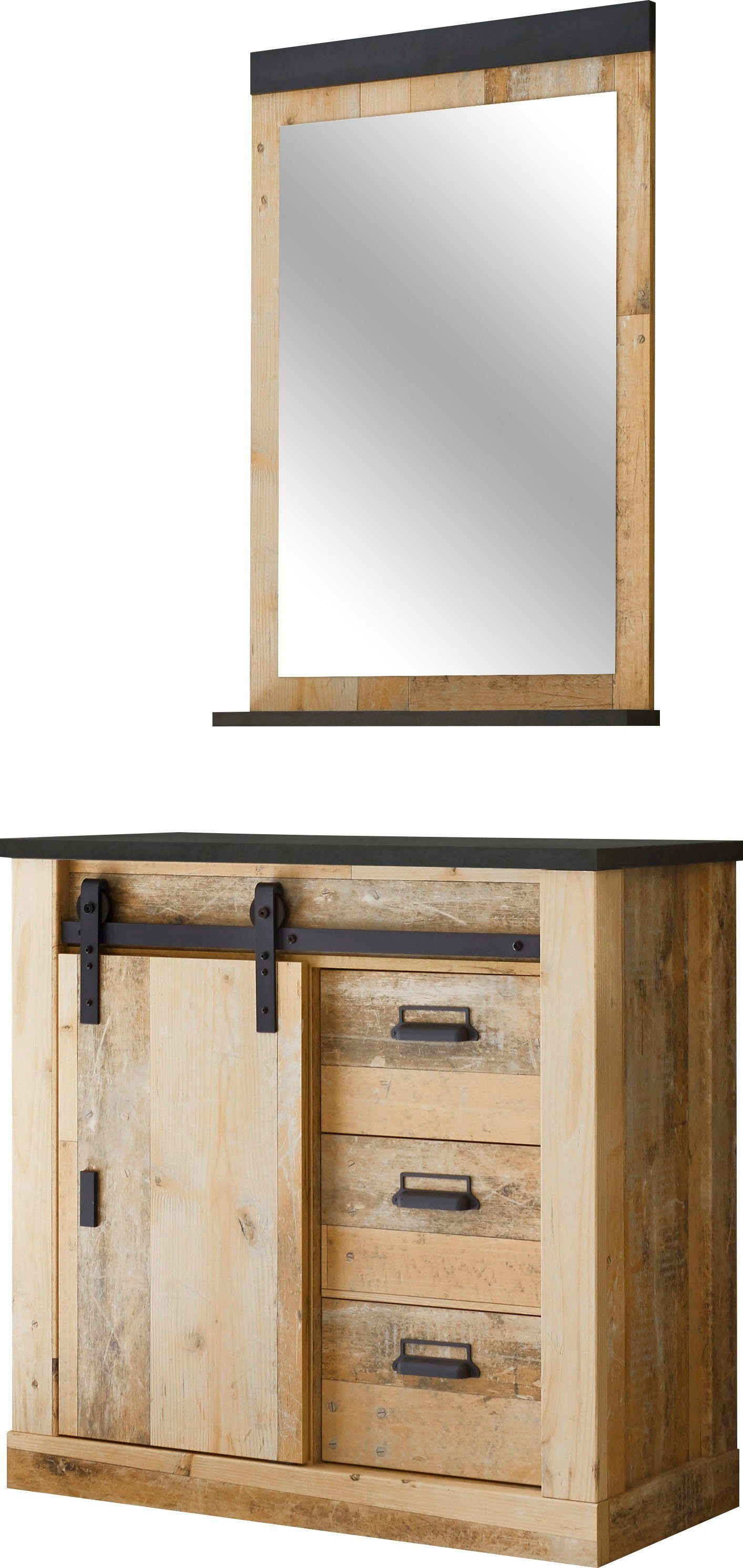 Home affaire Garderoben-Set Sherwood, Garderobe im Industrial-Style, Komplettset mit viel Stauraum, (2-St), enthält Kommode und Spiegel, Scheunentorbeschlag & Apothekergriff