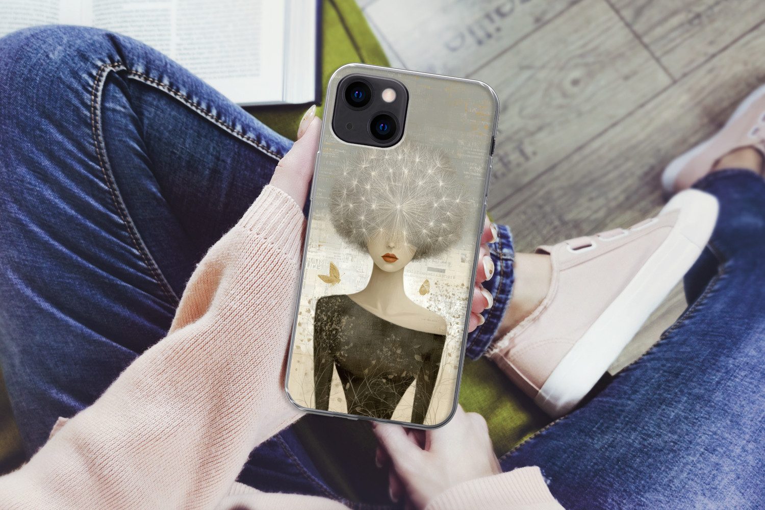 MuchoWow Handyhülle für Apple iPhone 13 Fluff - Frau - Beige, Smartphone-Bumper, Print, Handy Schutzhülle Dünn