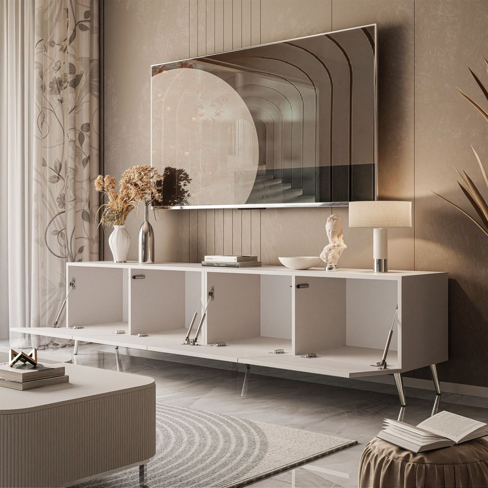 ALLHOUSE24 TV-Schrank LOGANTE 200 cm Breite Unterschrank TV Lowboard Metall Füße 200 cm Breite