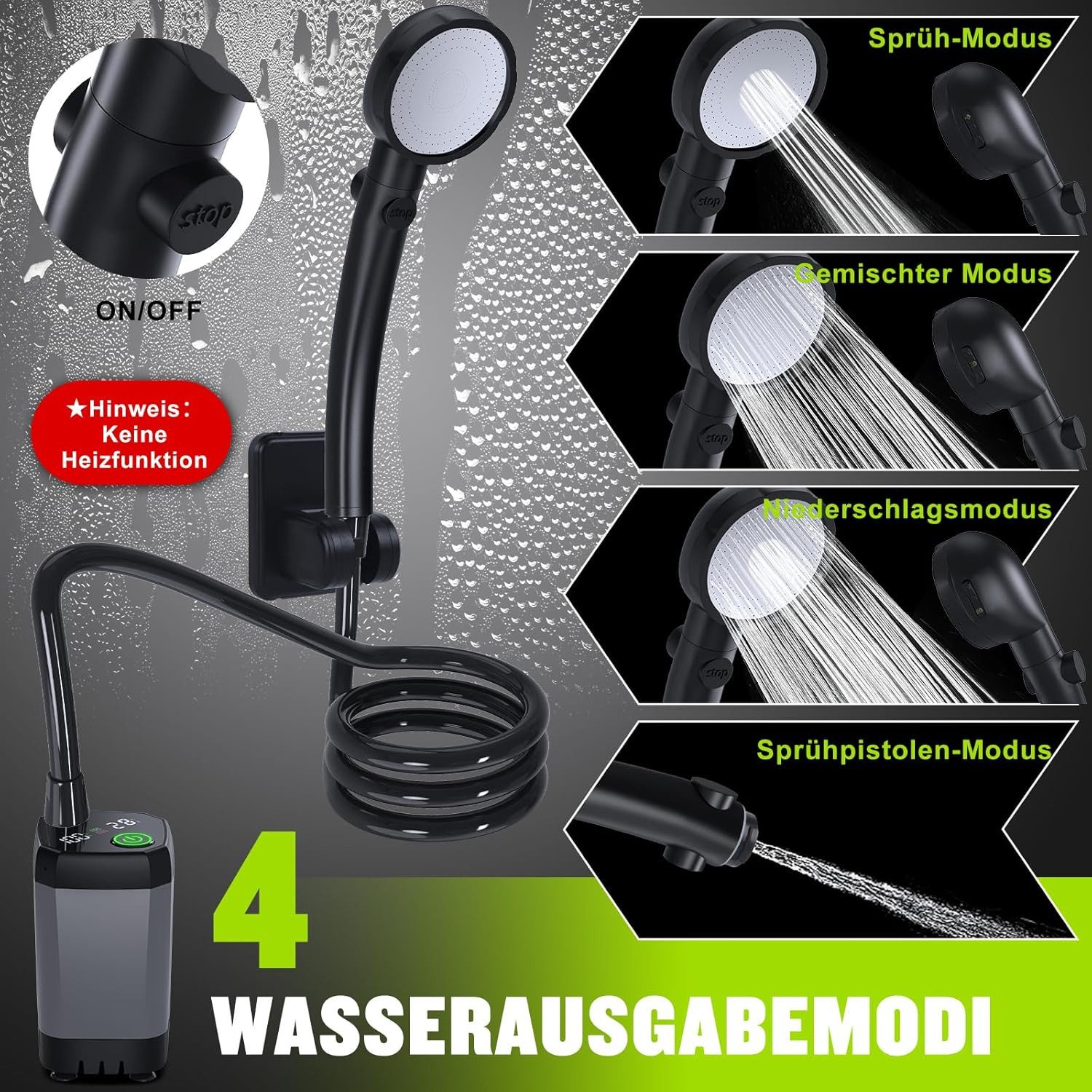 TWUFY Gartendusche Campingdusche mit Pumpe & wiederaufladbarem Akku 6000mAh (Camping Dusche Akku, Camping Dusche Tragbare Set mit Duschkopf und Schlauch, für Ga – Bild 3 von 5
