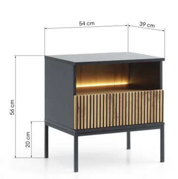 MOEBLO Nachttisch Sentino S54 LED (mit gefrästen Fronten und LED-Beleuchtung Nachttisch Nachtkommode Nachtschrank Nachtkonsole Beistelltisch Schlafzimmer), (HxBxT):56x54x39 cm