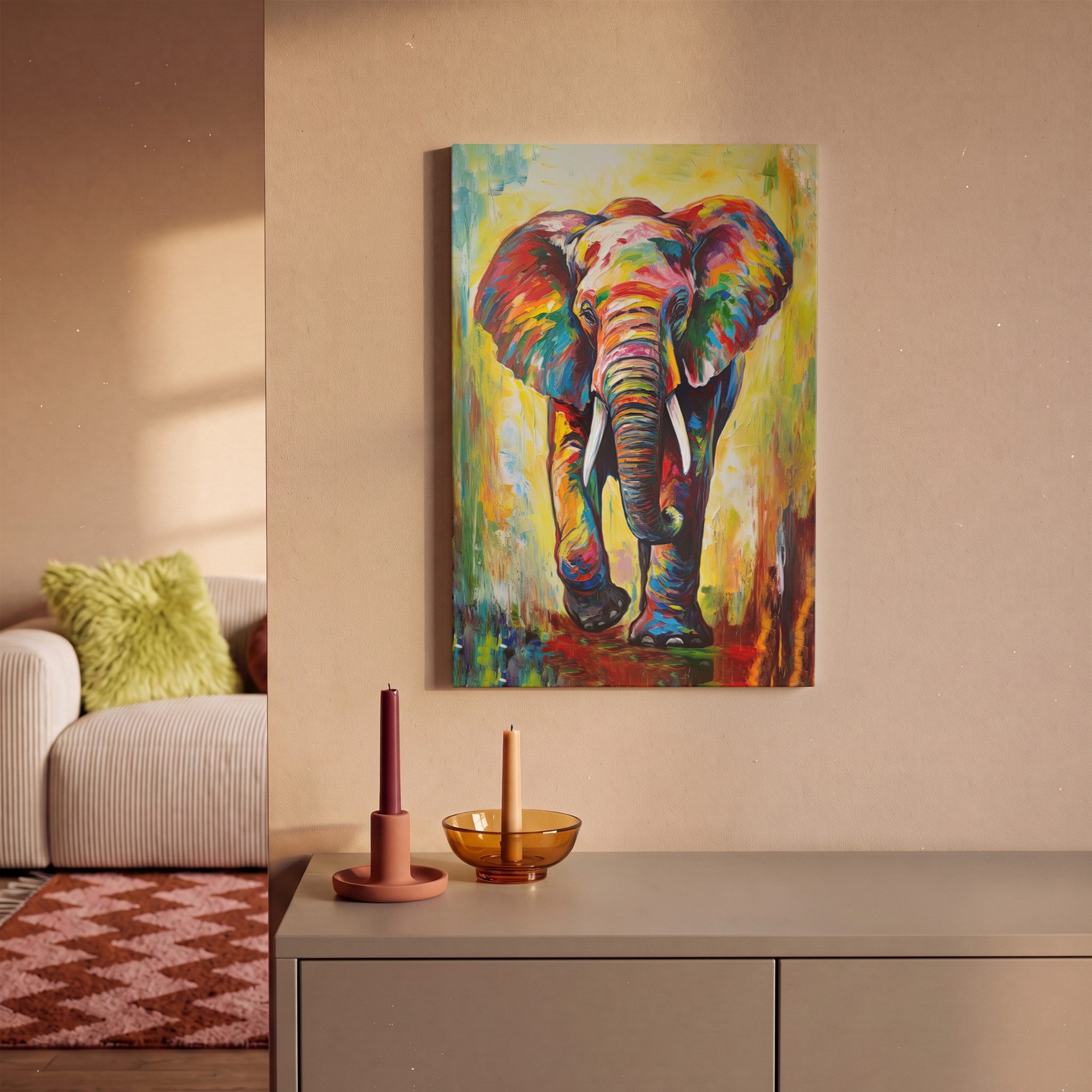 OneMillionCanvasses® Leinwandbild Elefant - Kunst - Malerei - Tiere - Regenbogen, Fotodruck (1 St), Leinwand Bilder Klein, Wand Dekoration Aesthetic 30x20 cm – Bild 2 von 5