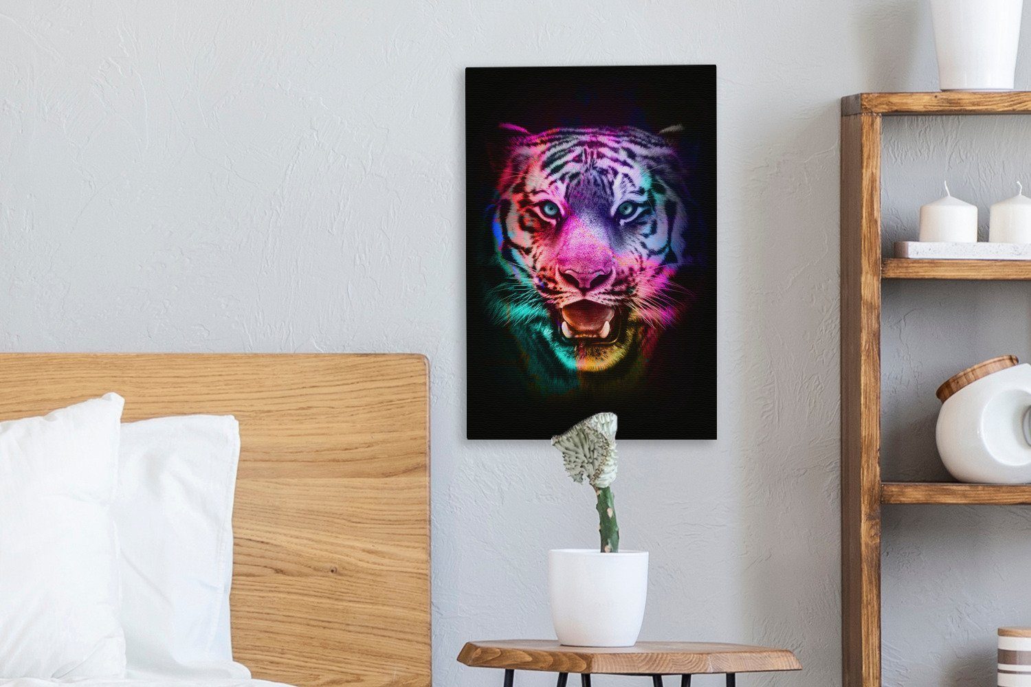 OneMillionCanvasses® Leinwandbild Farben - fertig Wild, 20x30 (1 bespannt St), Leinwandbild cm Tiger Gemälde, - inkl. Zackenaufhänger